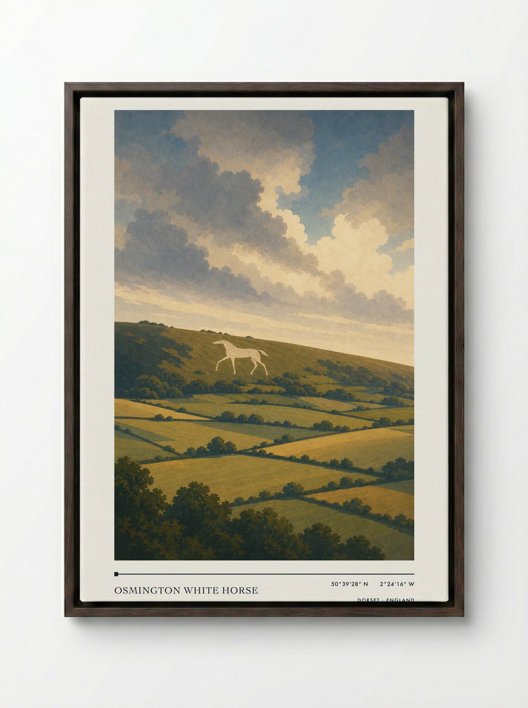 Osmington White Horse Dorset England Travel Poster - Framed Canvas Dark Wood