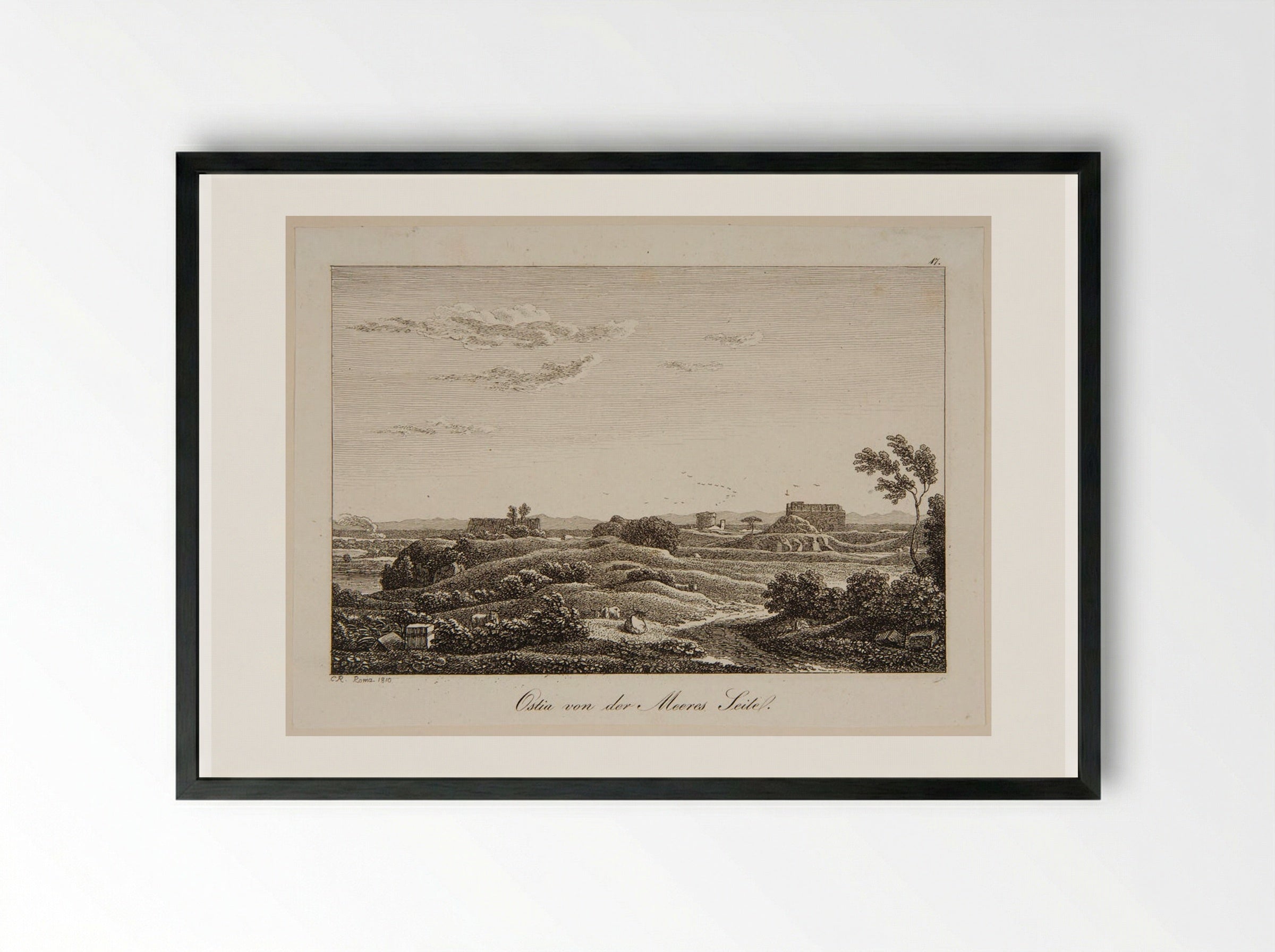 Ostia Looking Inland from the Sea - Johann Christian Reinhart - Framed Print Black