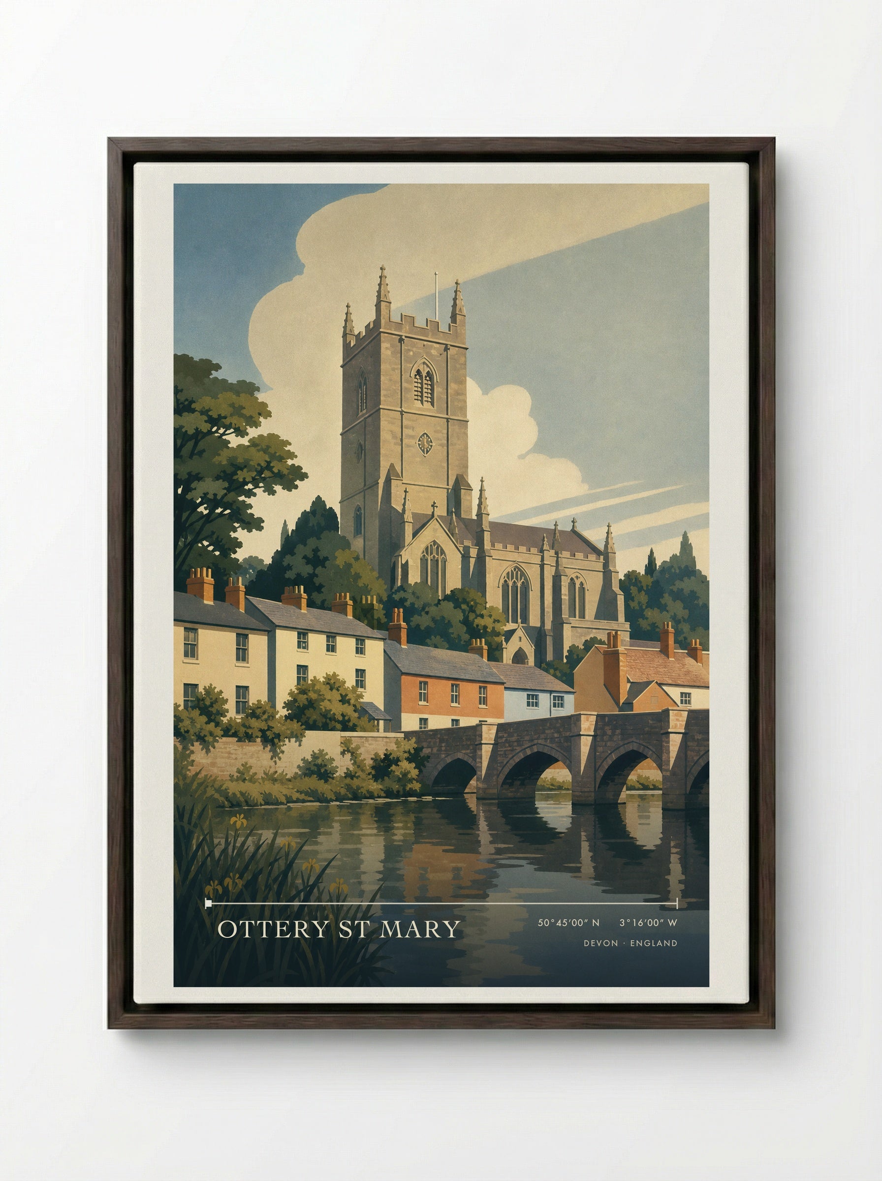 Ottery St Mary Devon England Travel Poster - Framed Canvas Dark Wood