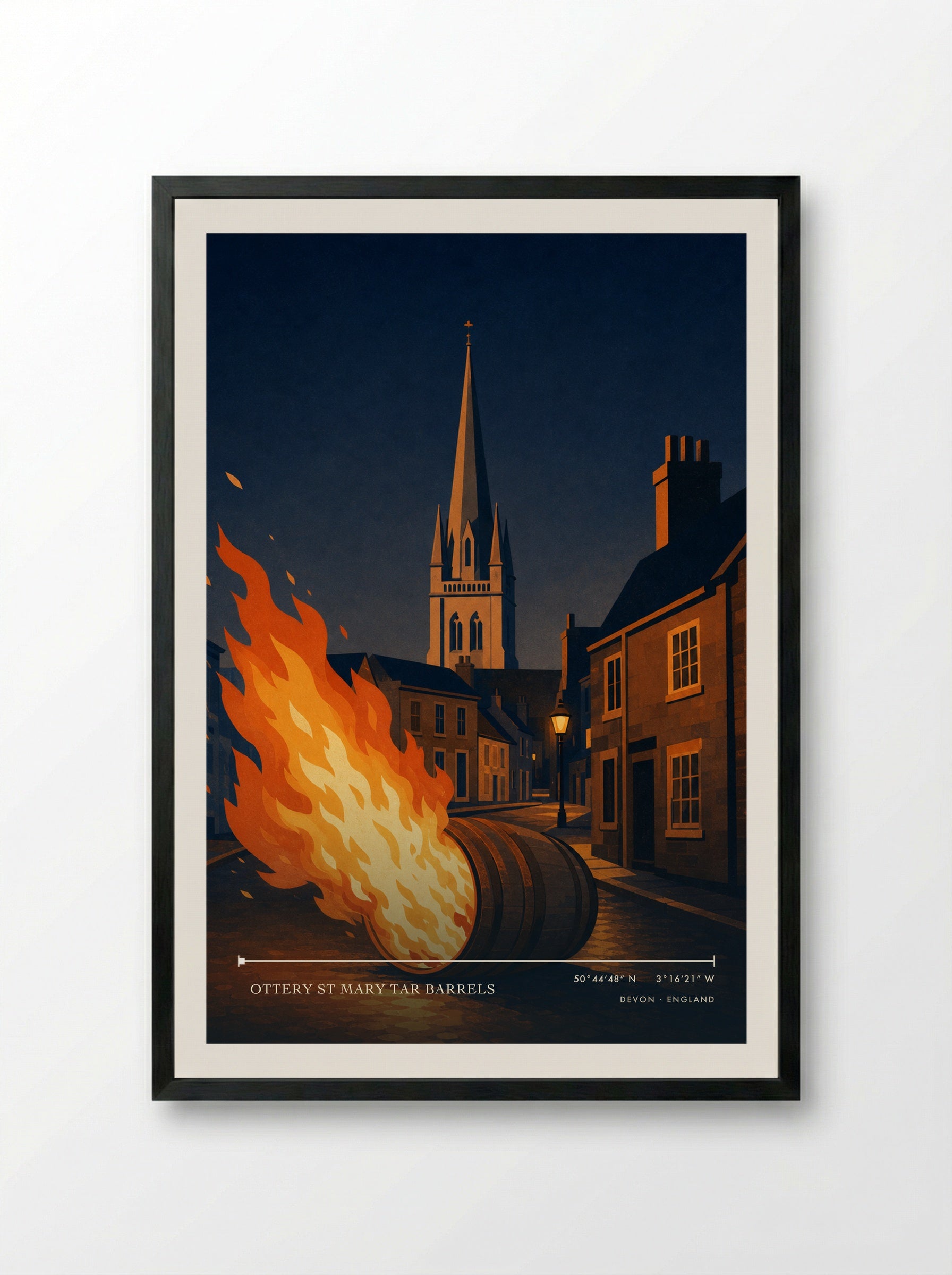 Ottery St Mary Tar Barrels Devon England Travel Poster - Framed Print Black