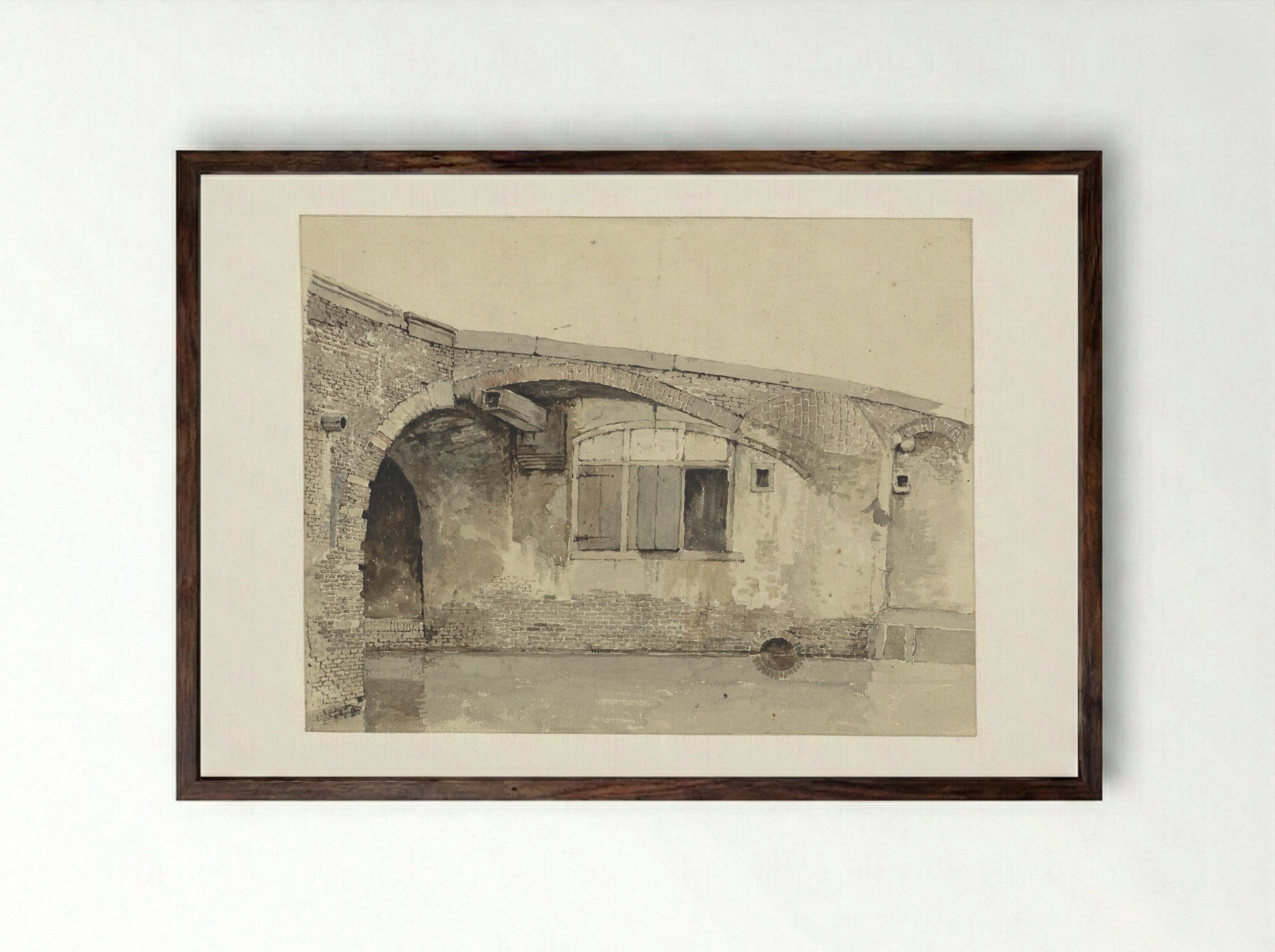 Oude brug met woning of keldersramen onder de kade - Kasparus Karsen - Framed Print Dark Wood