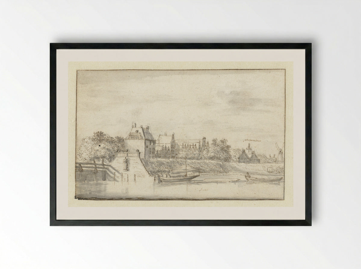 Oude jachthaven te Amsterdam, rechts de Sint Antoniespoort - Jan Gabrielsz. Sonjé - Framed Print Black