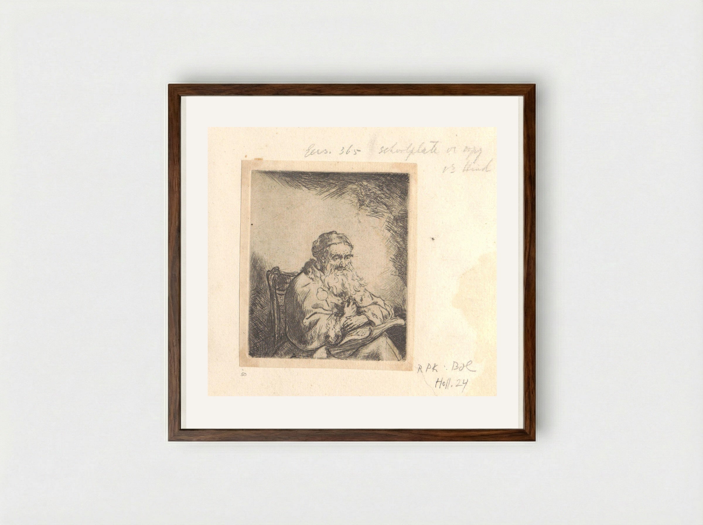 Oude man met een klaverblad op zijn jas - Henry Louis Basan - Framed Print Dark Wood