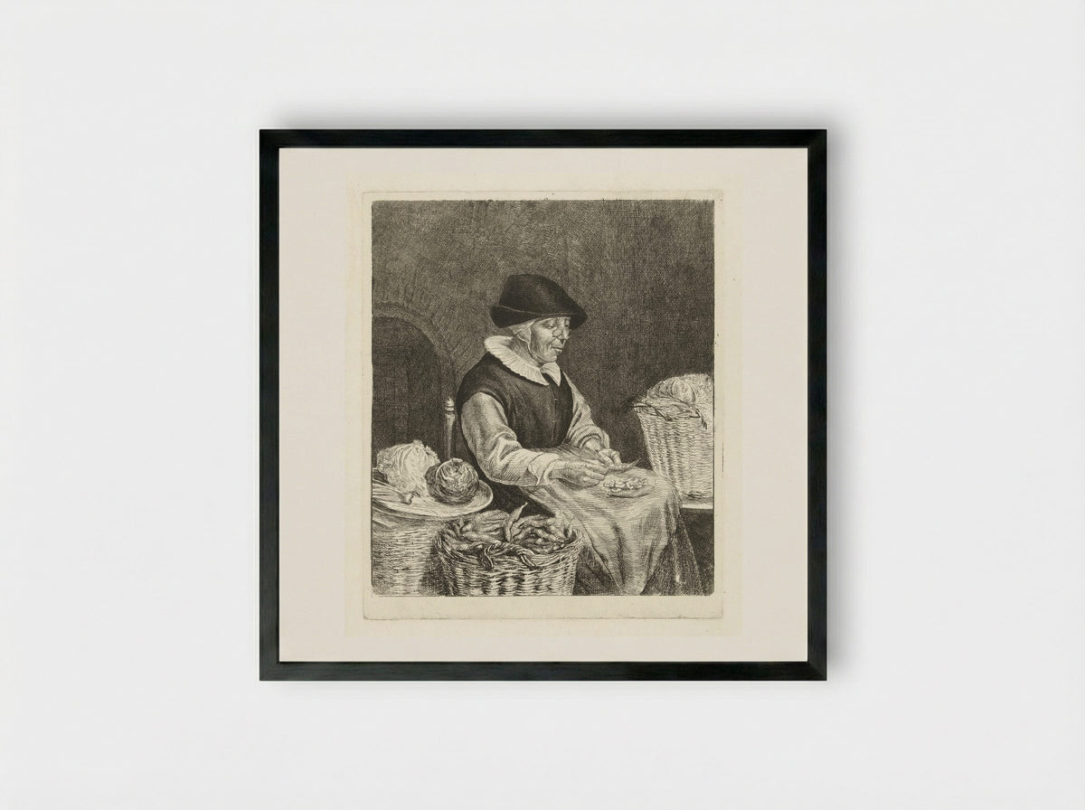 Oude vrouw bij het boontjes doppen - Louis Bernard Coclers - Framed Print Black