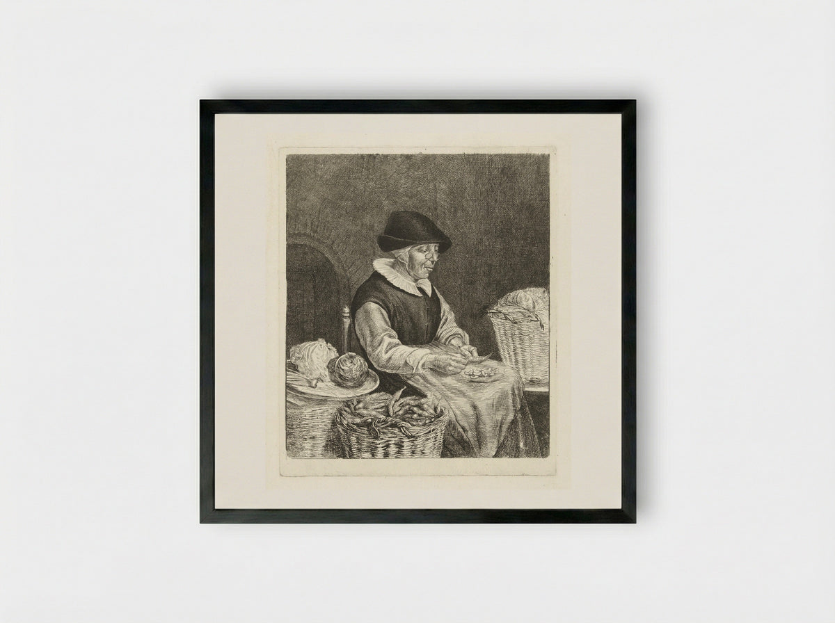 Oude vrouw bij het boontjes doppen - Louis Bernard Coclers - Framed Print Black