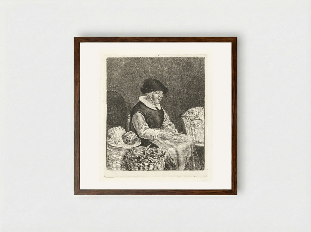 Oude vrouw bij het boontjes doppen - Louis Bernard Coclers - Framed Print Dark Wood
