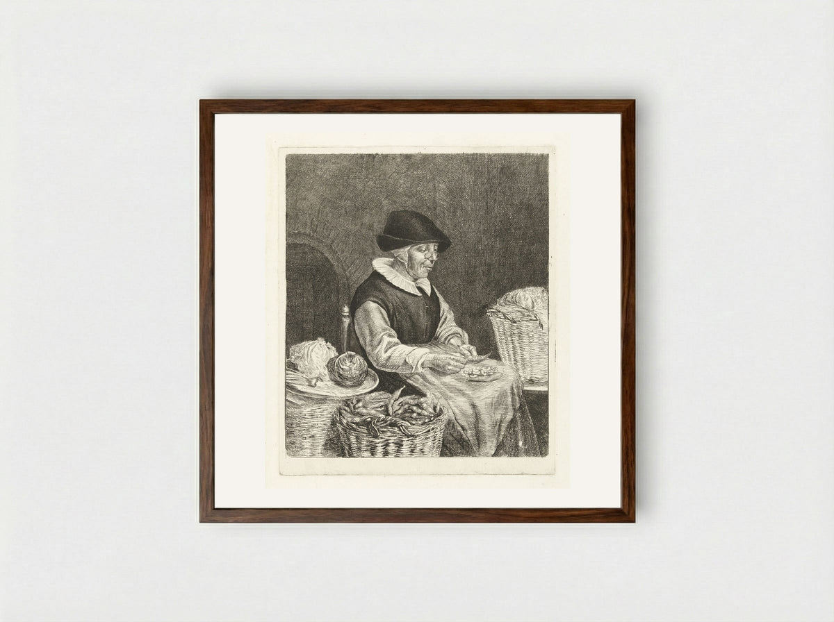 Oude vrouw bij het boontjes doppen - Louis Bernard Coclers - Framed Print Dark Wood