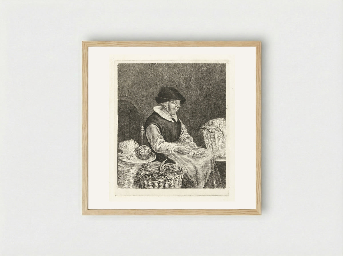 Oude vrouw bij het boontjes doppen - Louis Bernard Coclers - Framed Print Wood