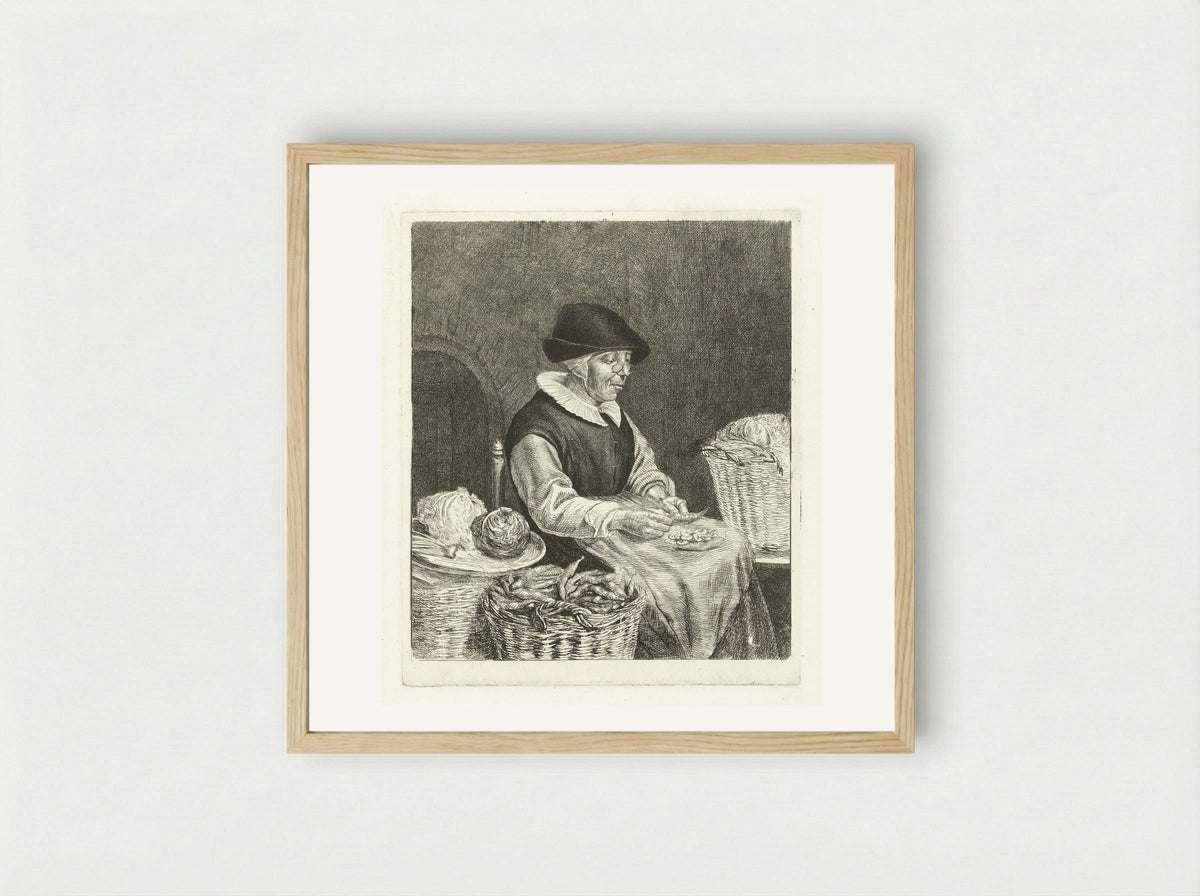 Oude vrouw bij het boontjes doppen - Louis Bernard Coclers - Framed Print Wood