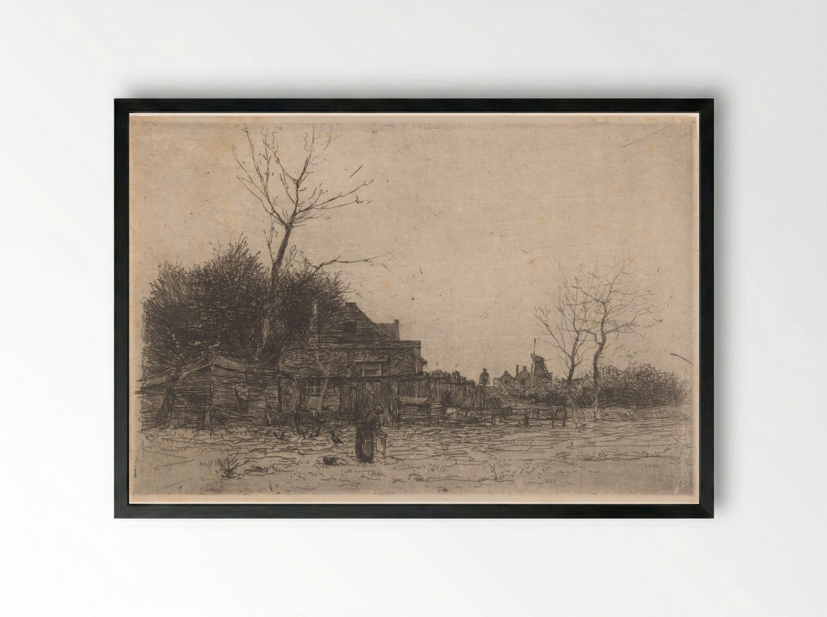 Oude vrouw in een veld bij een boerderij - Philip Zilcken - Framed Print Black