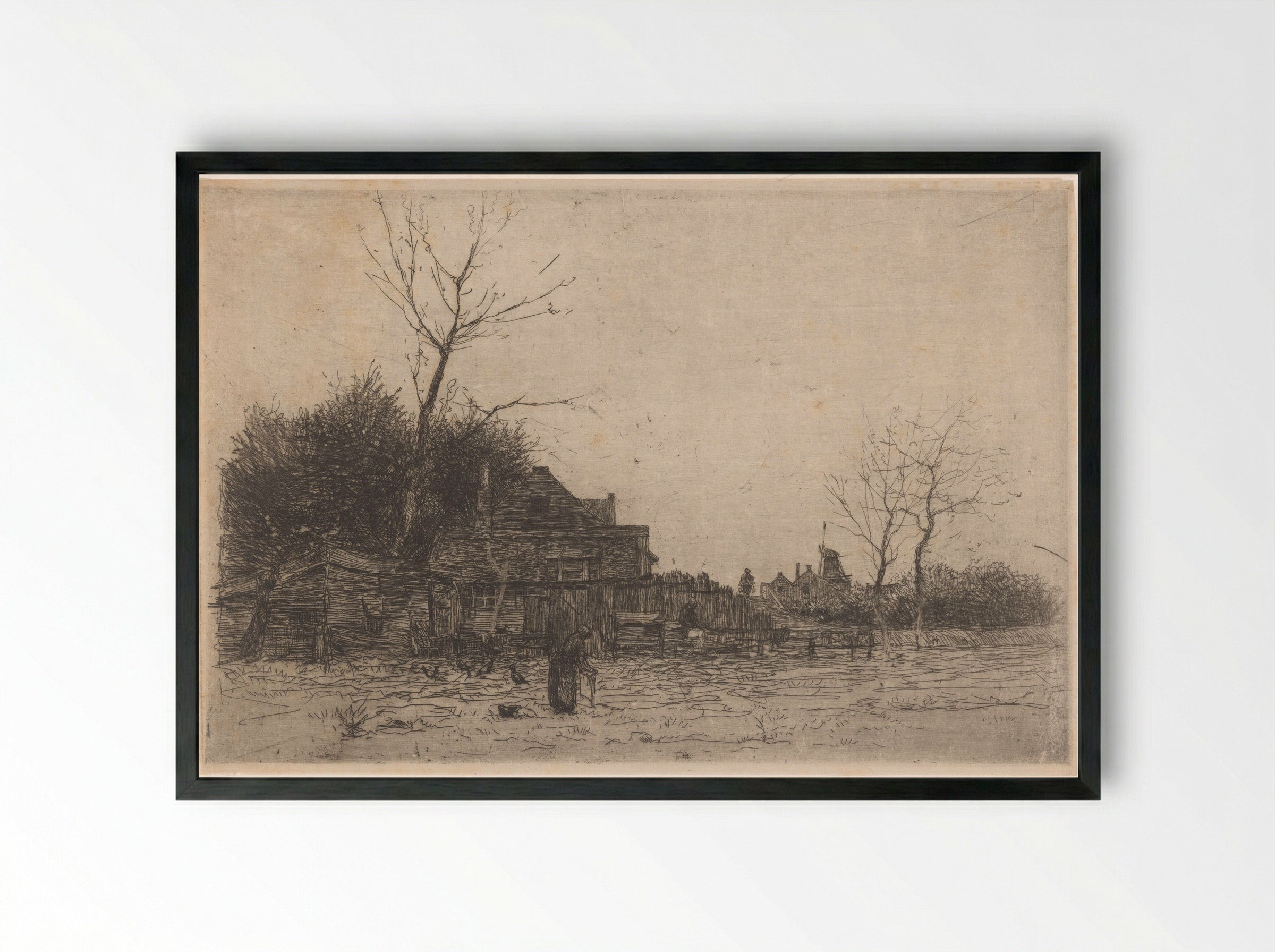 Oude vrouw in een veld bij een boerderij - Philip Zilcken - Framed Print Black