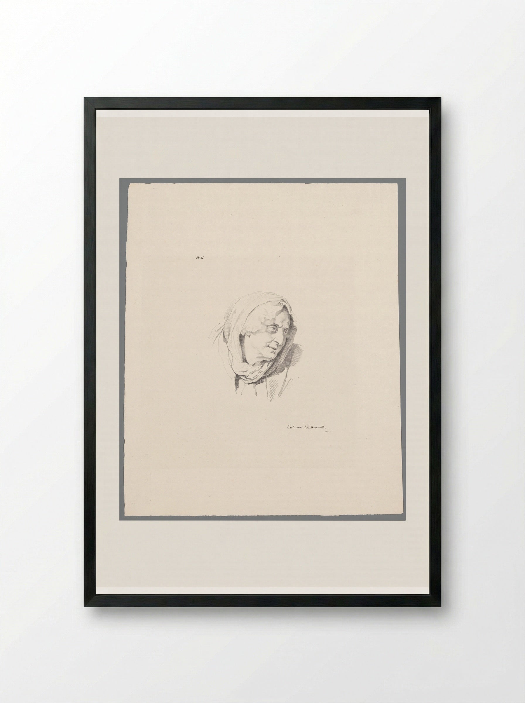 Oude vrouw met hoofddoek (Old Woman with Headscarf) - Jean Augustin Daiwaille - Framed Print Black