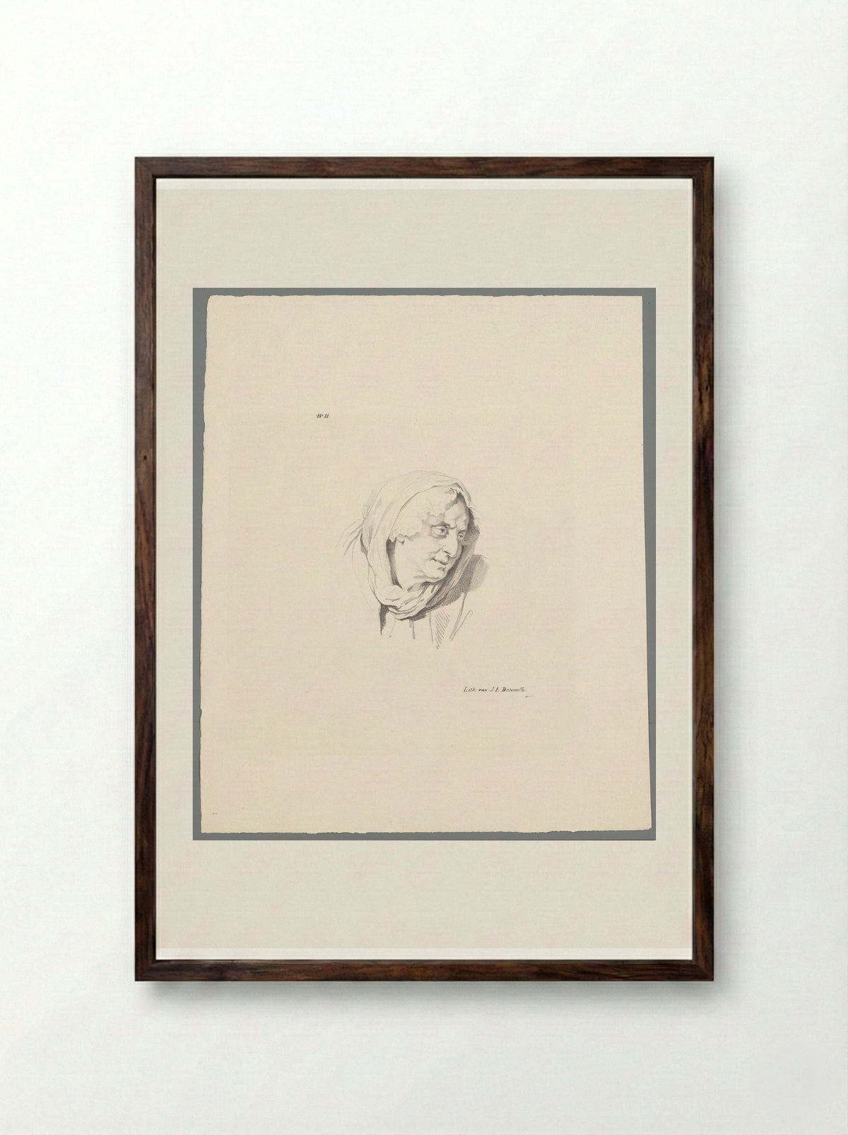 Oude vrouw met hoofddoek (Old Woman with Headscarf) - Jean Augustin Daiwaille - Framed Print Dark Wood