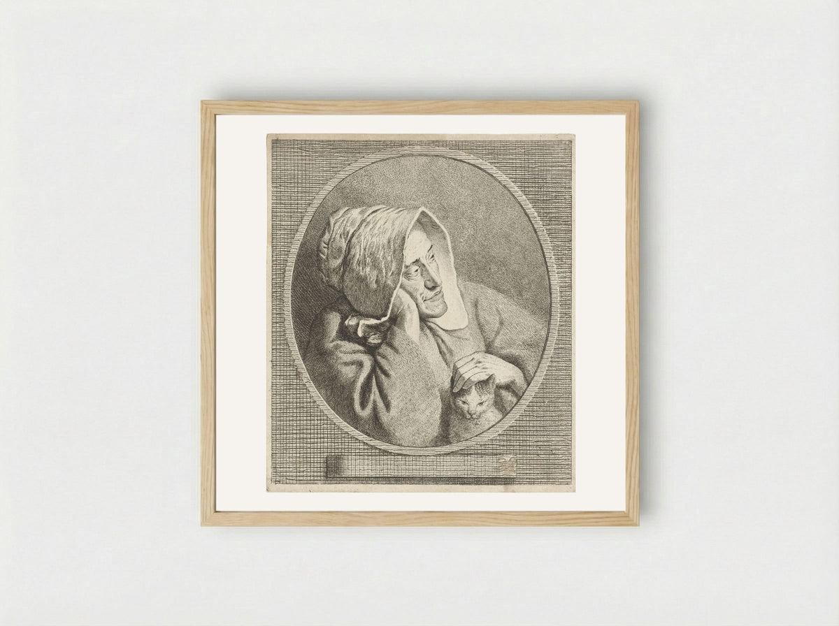 Oude vrouw met kat - Theodorus de Roode - Framed Print Wood