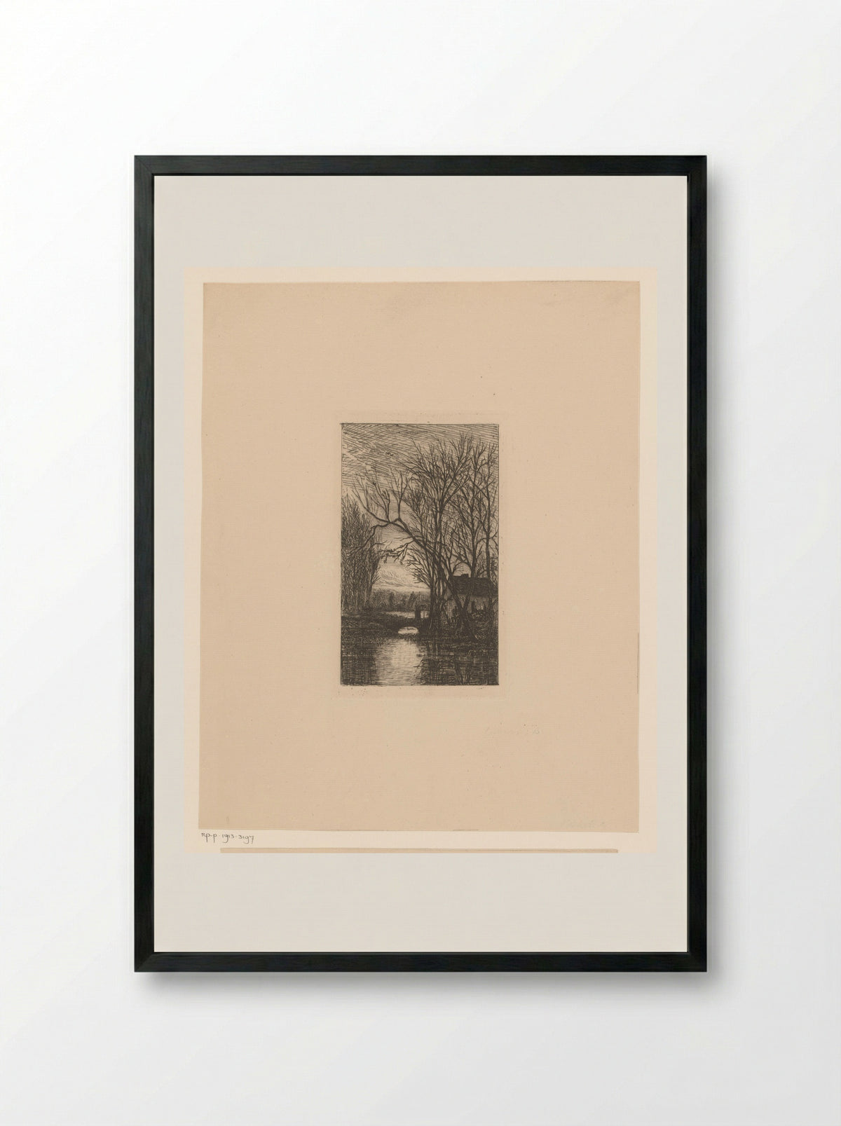 Oude vrouw met wandelstok op een kleine stenen brug - Félix Callewaert (père) - Framed Print Black