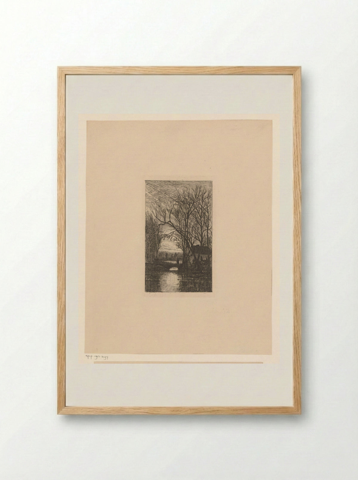 Oude vrouw met wandelstok op een kleine stenen brug - Félix Callewaert (père) - Framed Print Wood
