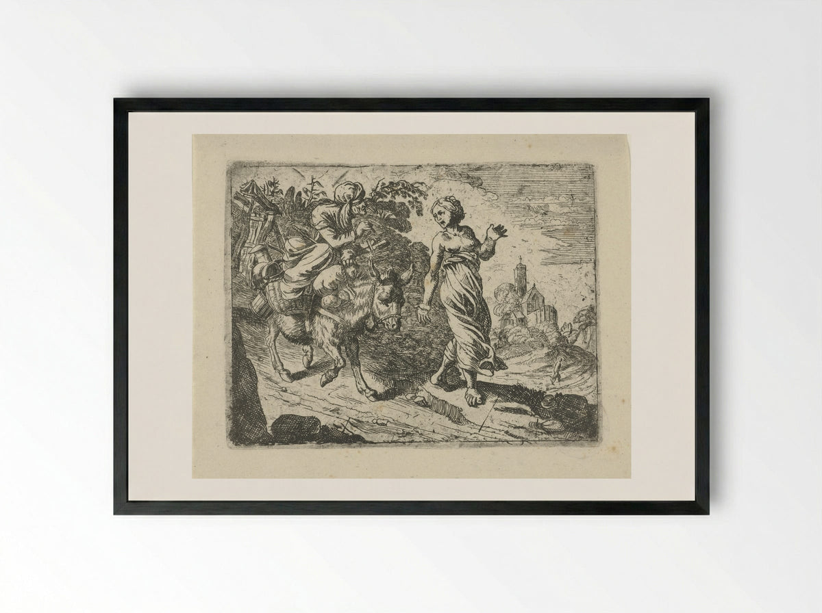 Oude vrouw op een ezel, geleid door een jonge vrouw - Roeland van Laer - Framed Print Black