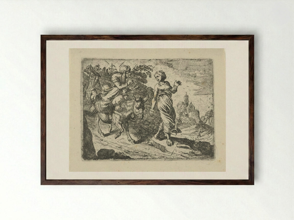 Oude vrouw op een ezel, geleid door een jonge vrouw - Roeland van Laer - Framed Print Dark Wood