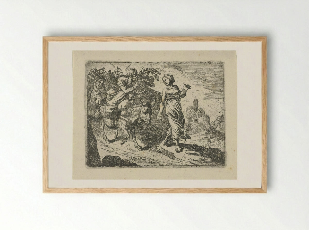 Oude vrouw op een ezel, geleid door een jonge vrouw - Roeland van Laer - Framed Print Wood