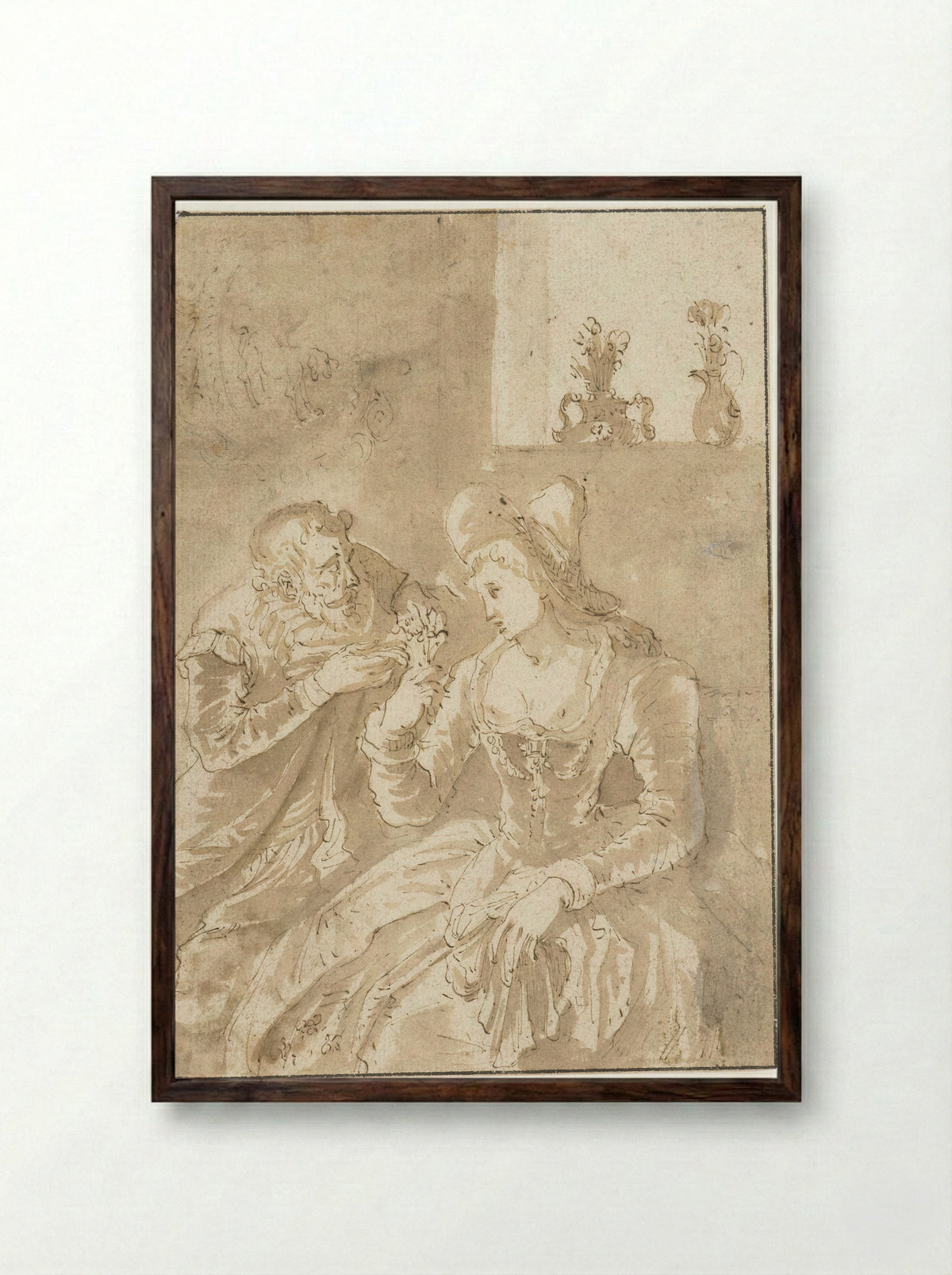 Oudere man bij een zittende elegante jonge vrouw - Gabriël Franck - Framed Print Dark Wood