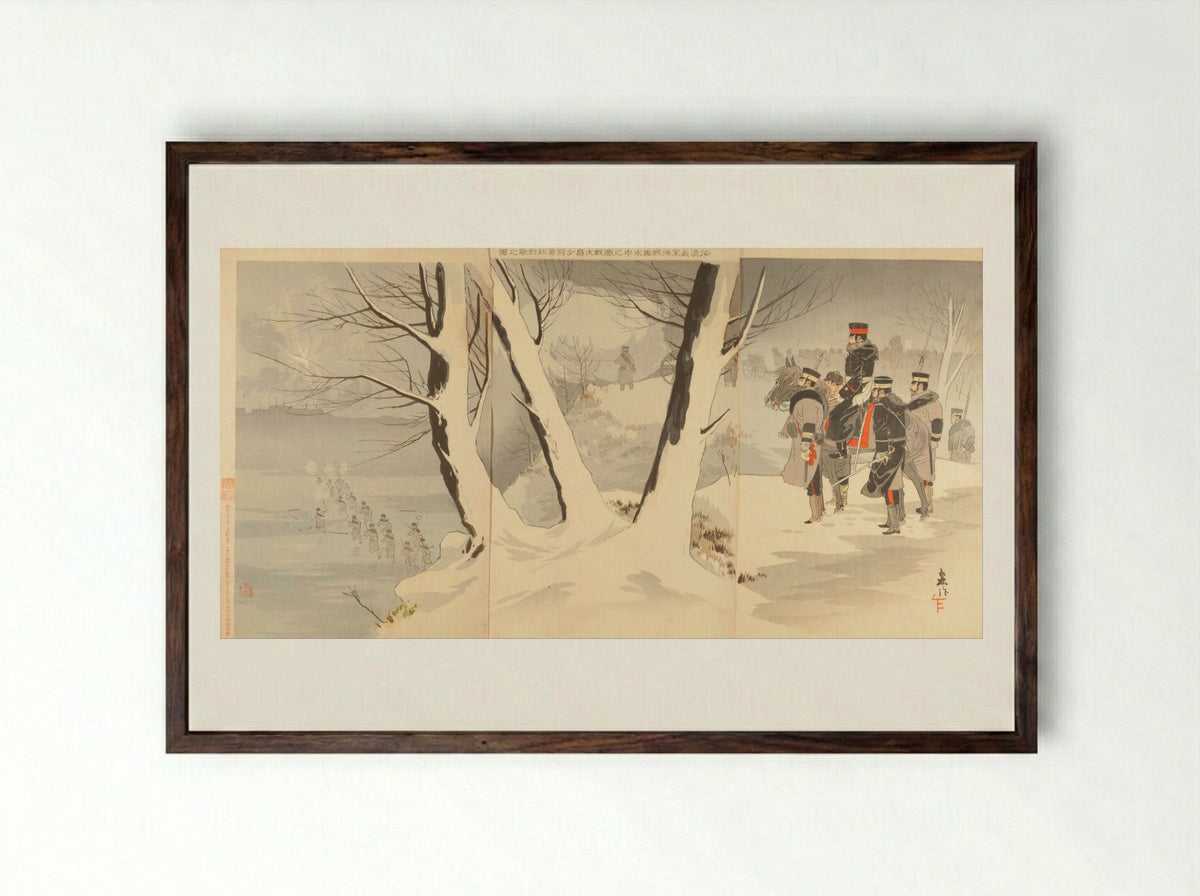 Our Officers Scouting the Enemy Camp in a Snow Storm - Taguchi Beisaku - Framed Print Dark Wood