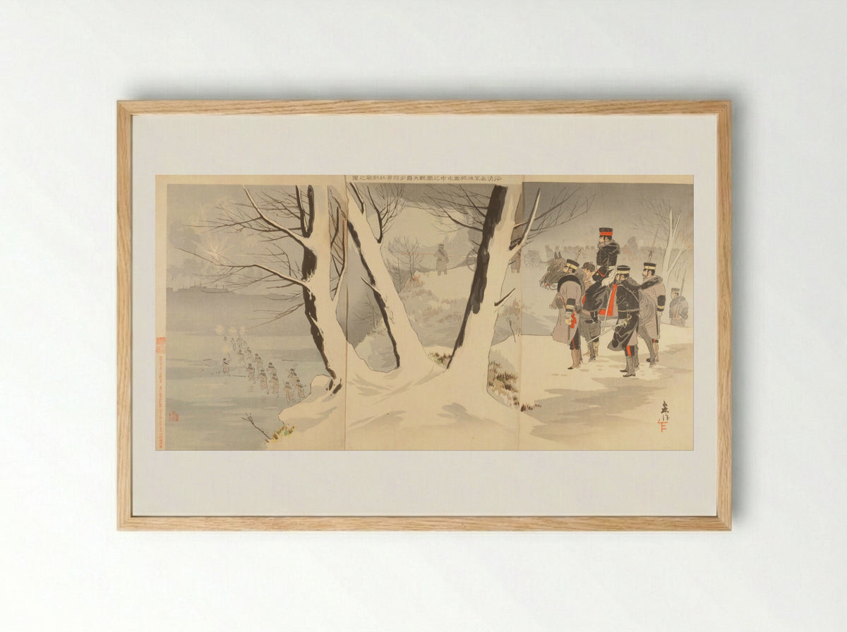 Our Officers Scouting the Enemy Camp in a Snow Storm - Taguchi Beisaku - Framed Print Wood