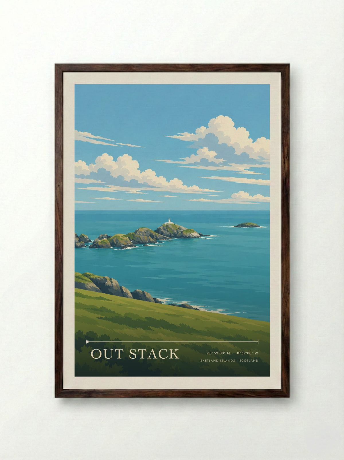 Out Stack, Shetland Islands | Travel Poster - Framed Print Dark Wood