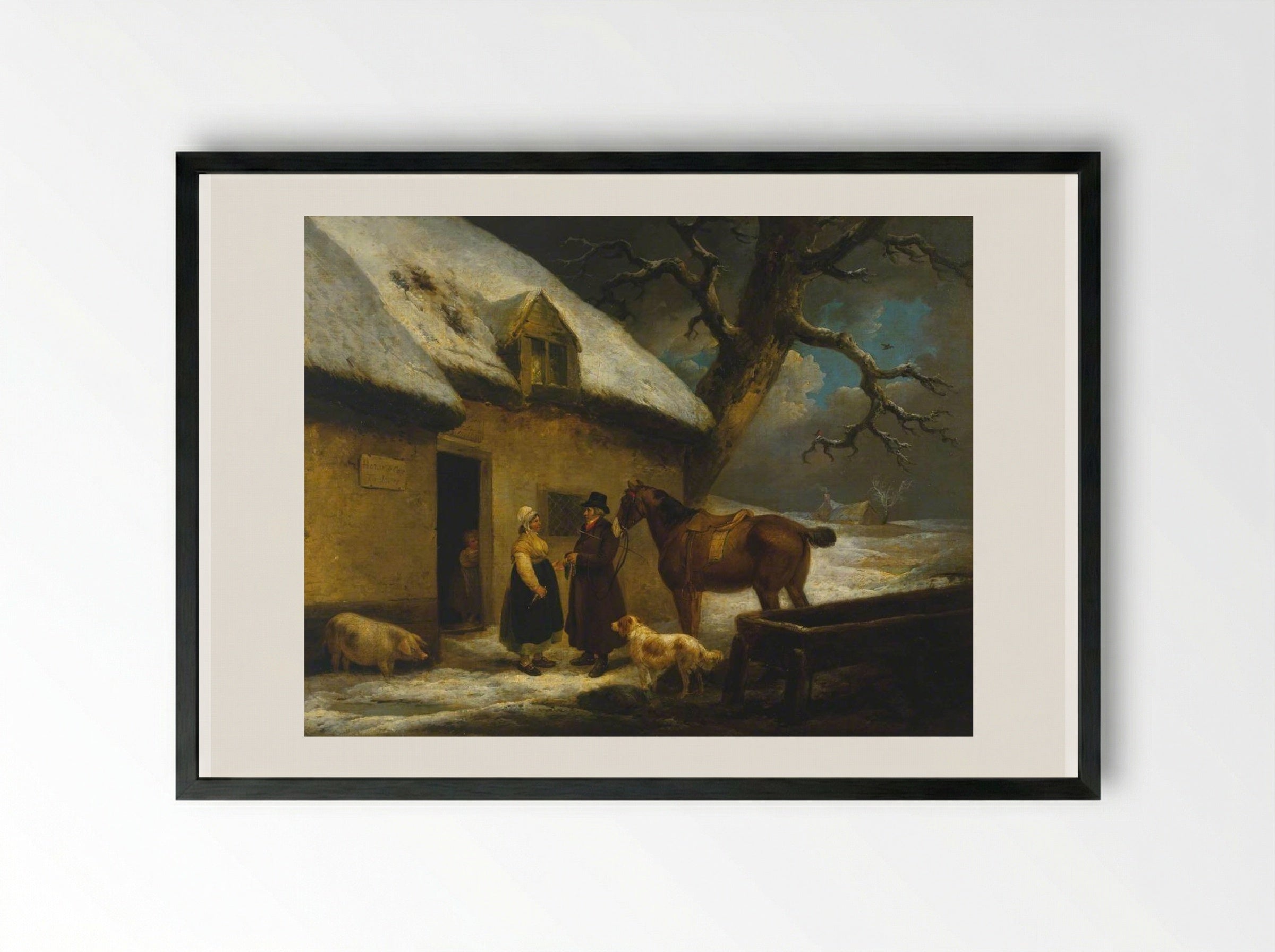 Outside an Inn, Winter - George Morland - Framed Print Black