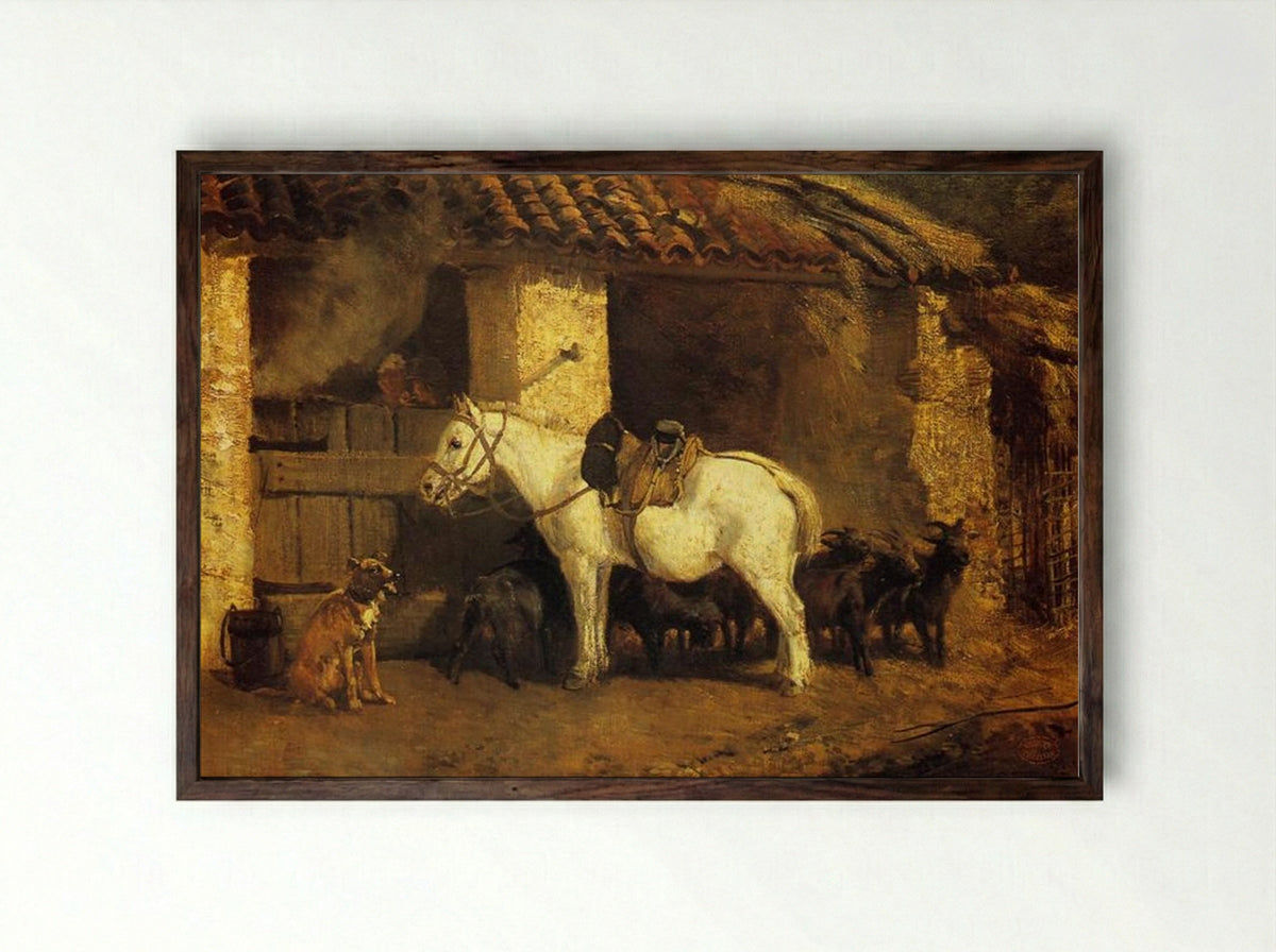 Outside the Stable - Constant Troyon - Framed Print Dark Wood