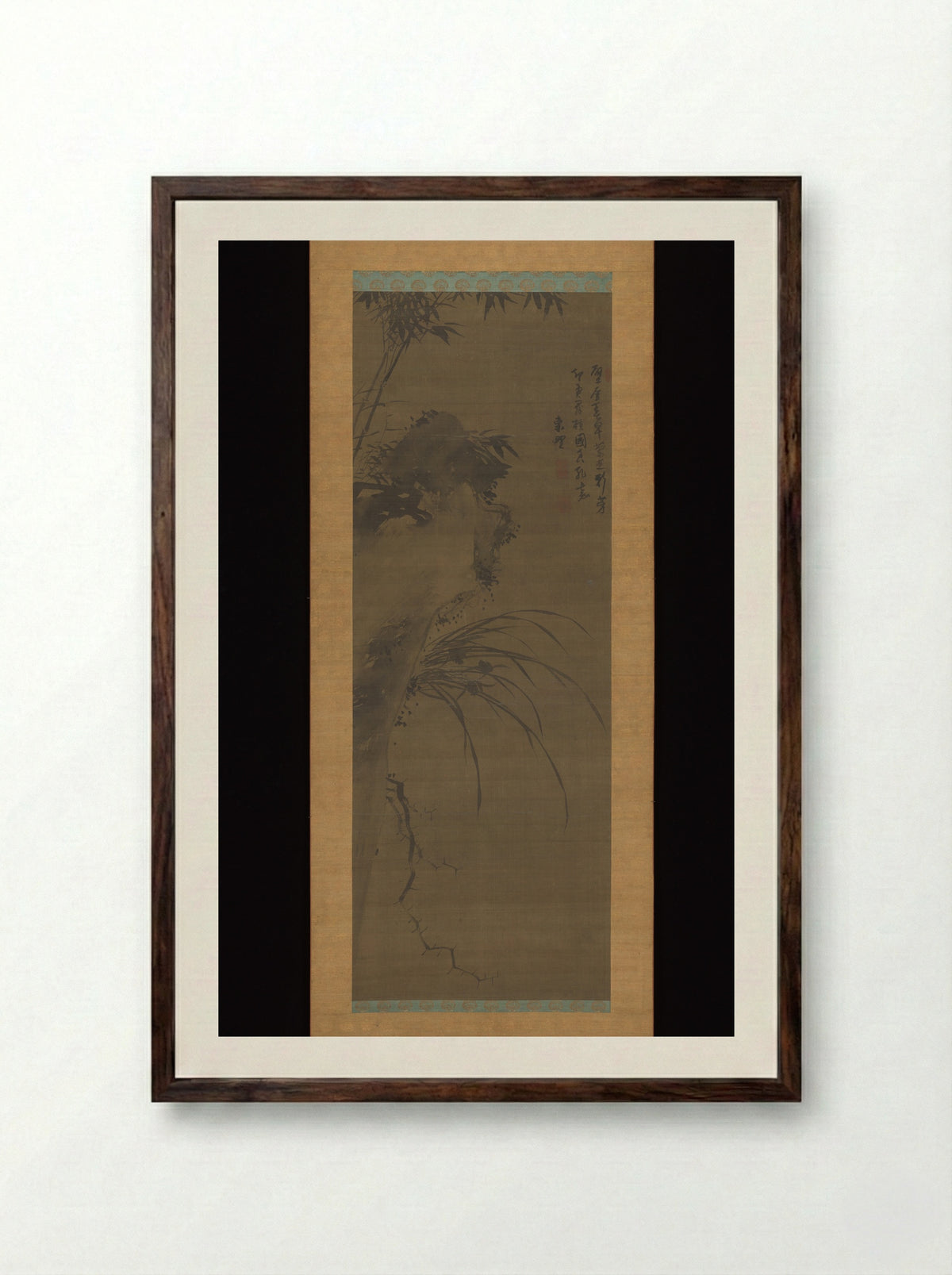 Overhanging Cliff with Bamboo and Orchid - Kwon Dong-yu - Framed Print Dark Wood