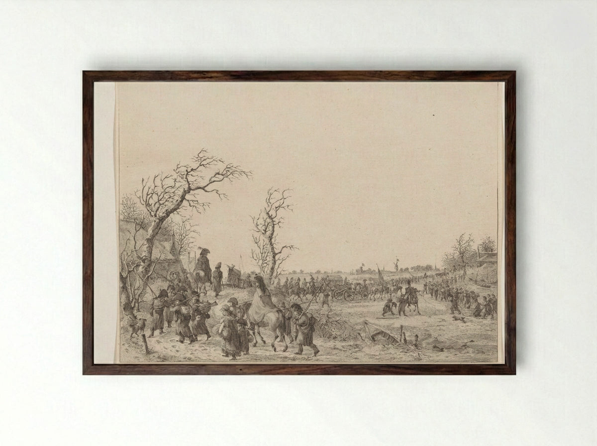 Overtocht van de Franse troepen over de Waal in januari 1795 - Joannes Bemme - Framed Print Dark Wood