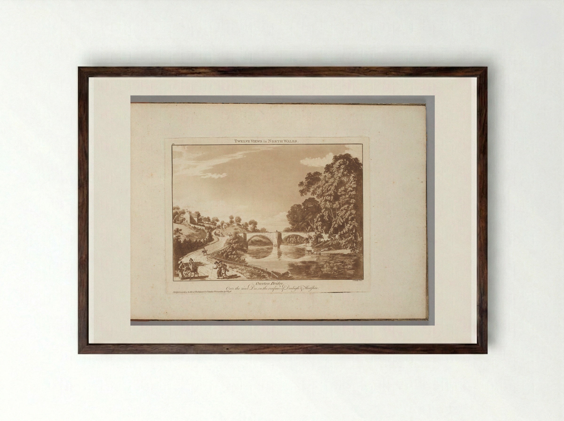 Overton Bridge Over the River Dee, On the Confines of Denbigh and Flintshire - Paul Sandby - Framed Print Dark Wood