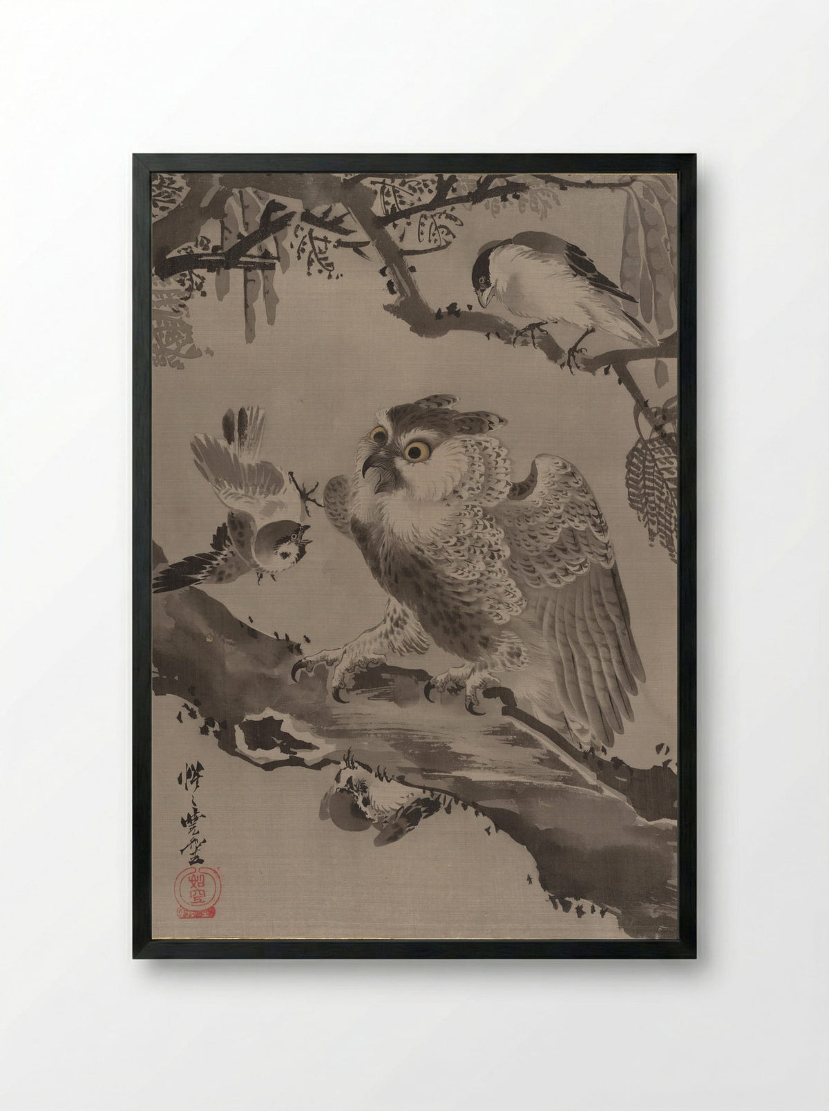 Owl Mocked by Small Birds - Kawanabe Kyōsai - Framed Print Black