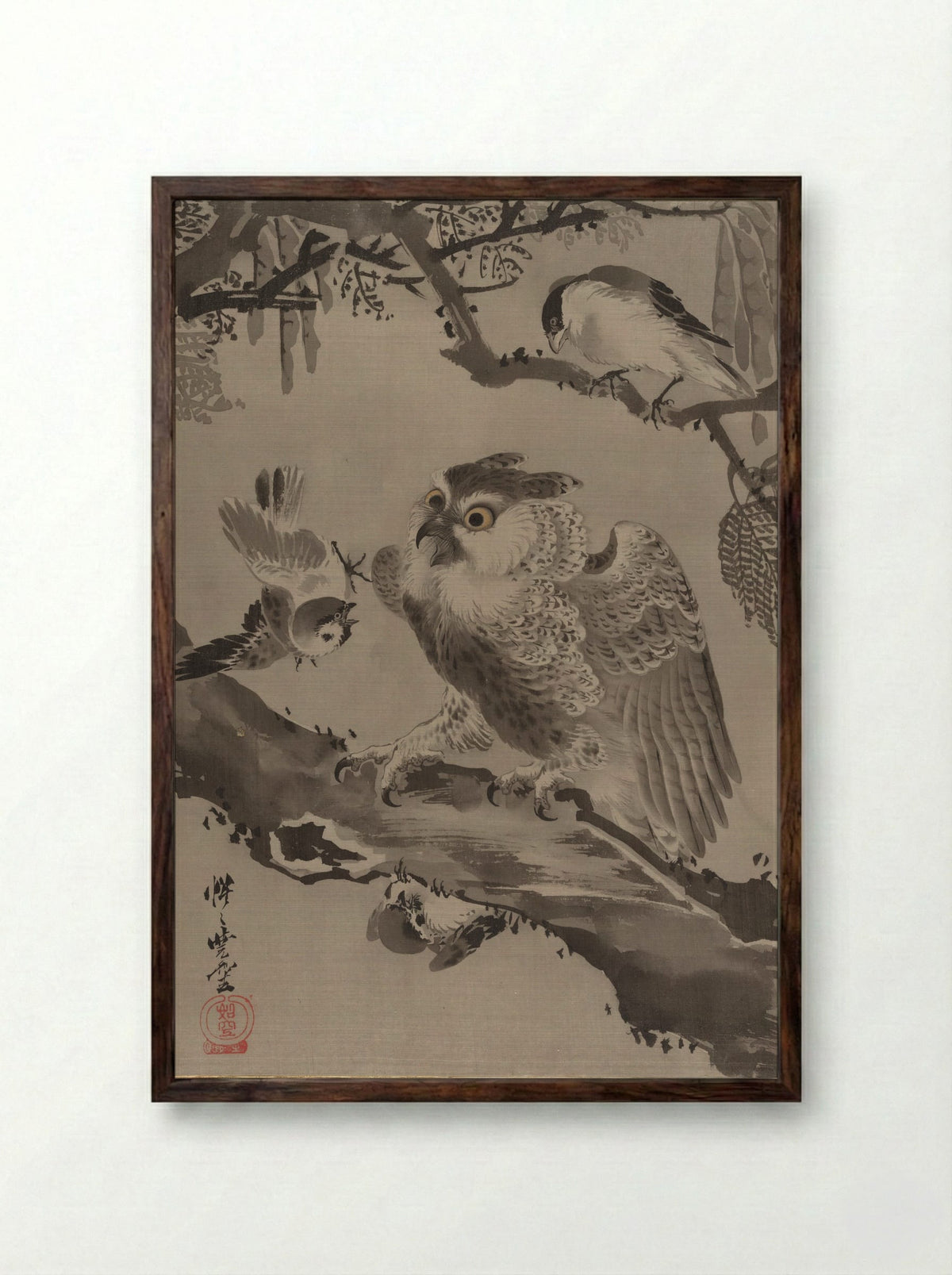 Owl Mocked by Small Birds - Kawanabe Kyōsai - Framed Print Dark Wood