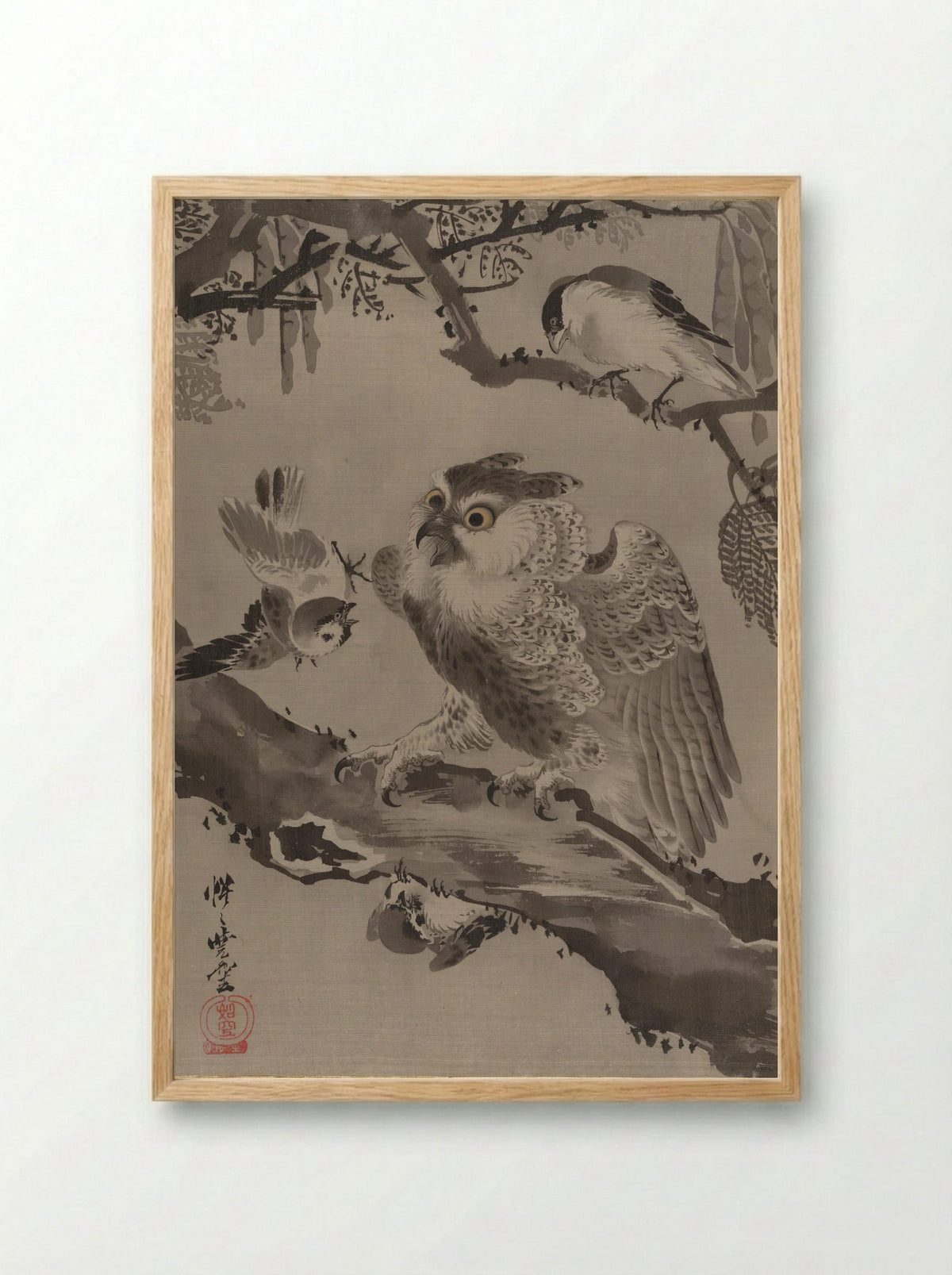 Owl Mocked by Small Birds - Kawanabe Kyōsai - Framed Print Wood