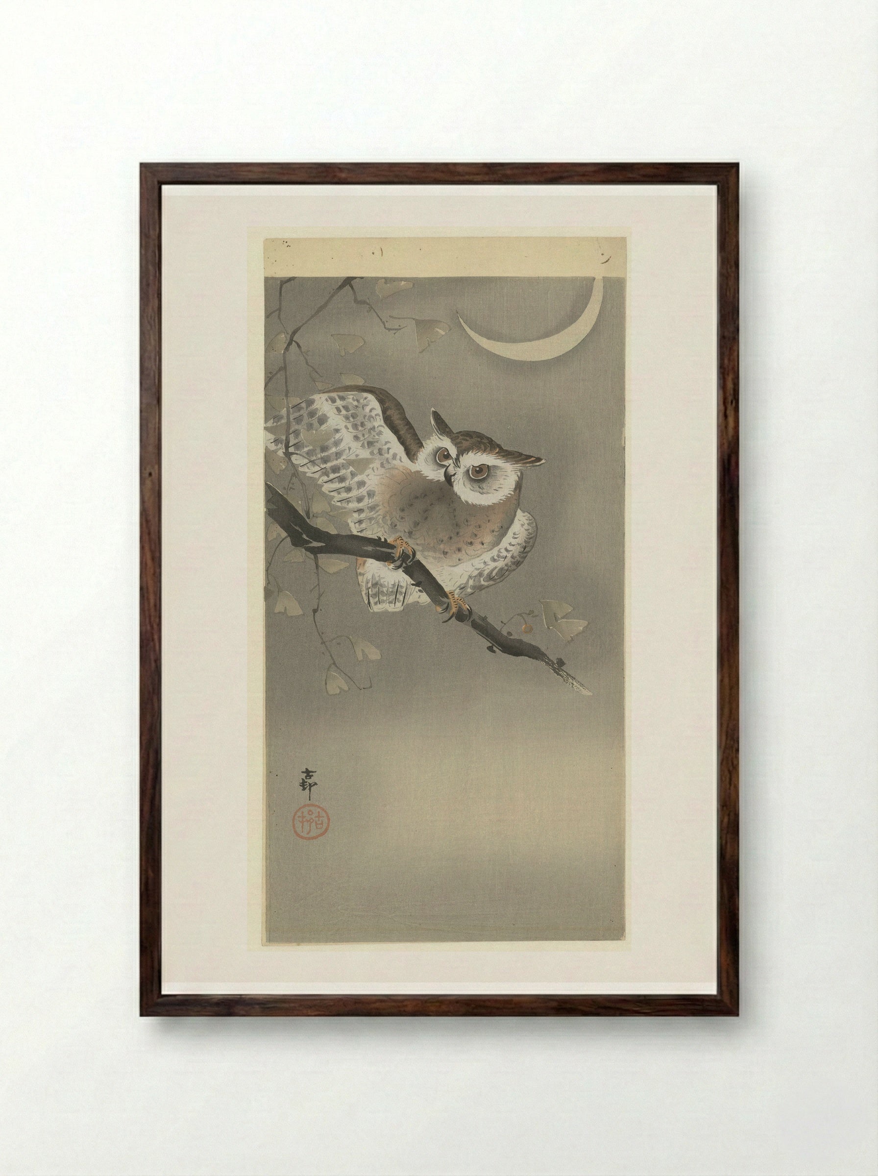 Owl in Ginkgo Tree - Matsuki Heikichi - Framed Print Dark Wood