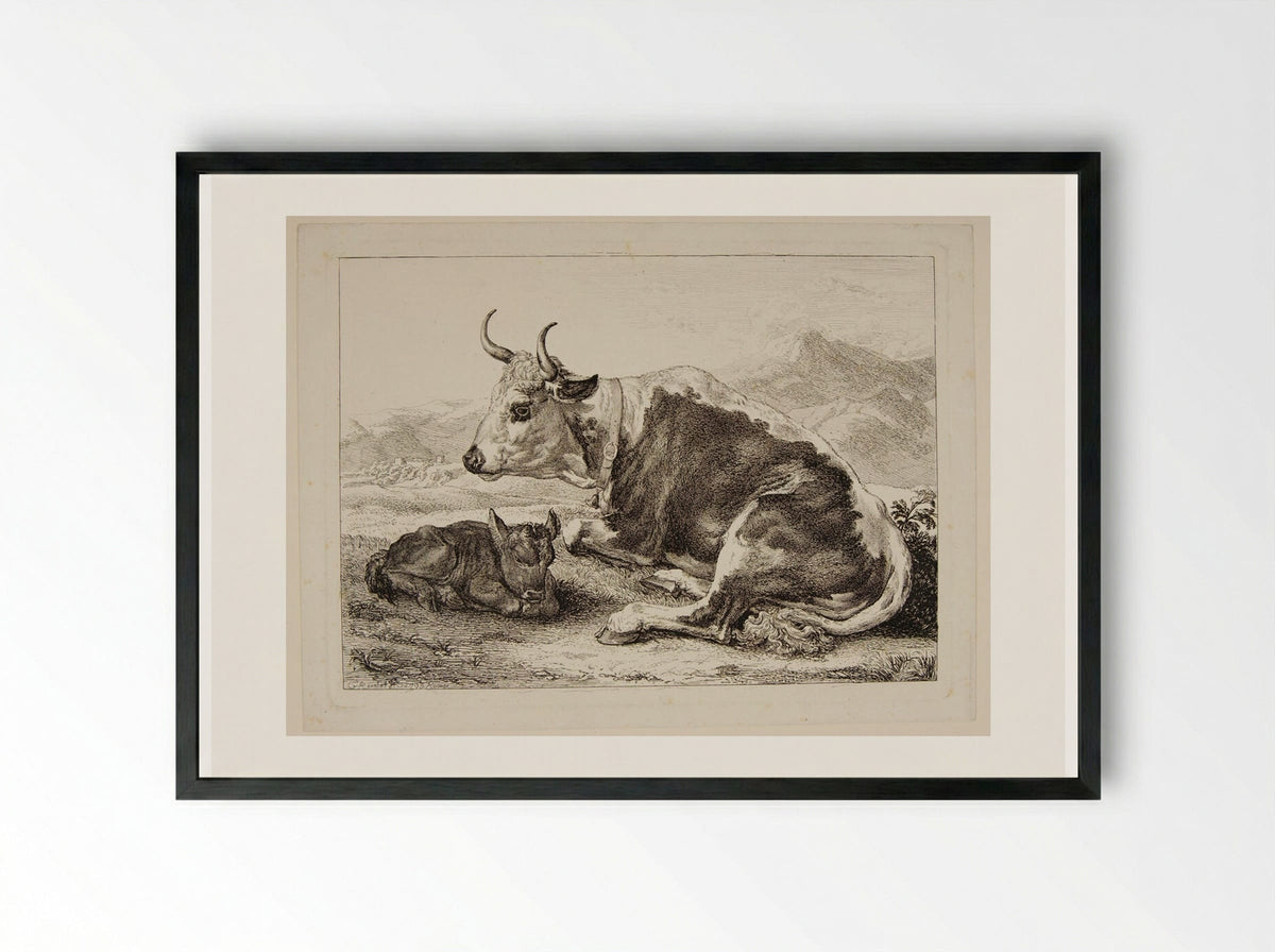 Ox and Calf - Johann Christian Reinhart - Framed Print Black
