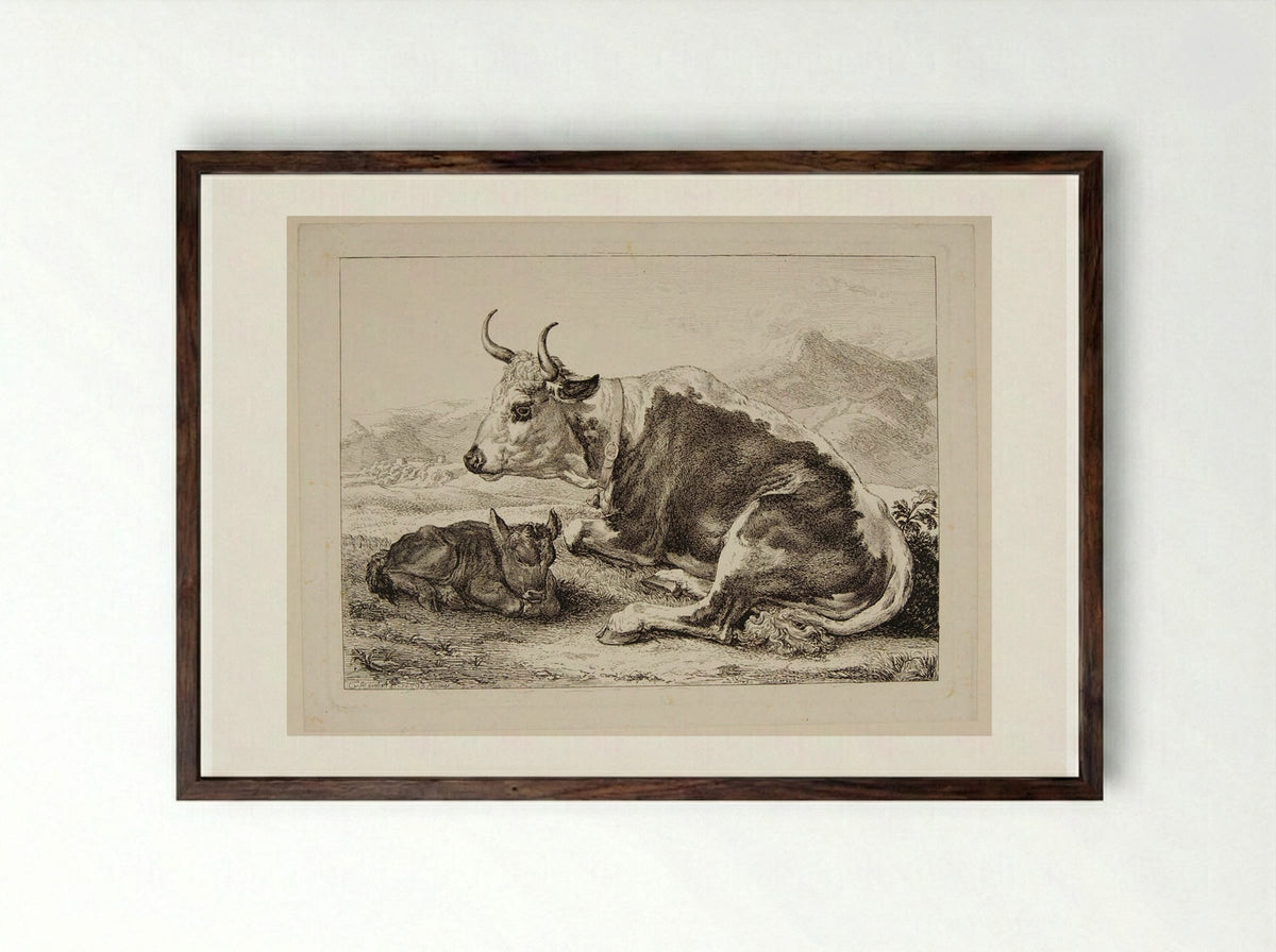 Ox and Calf - Johann Christian Reinhart - Framed Print Dark Wood