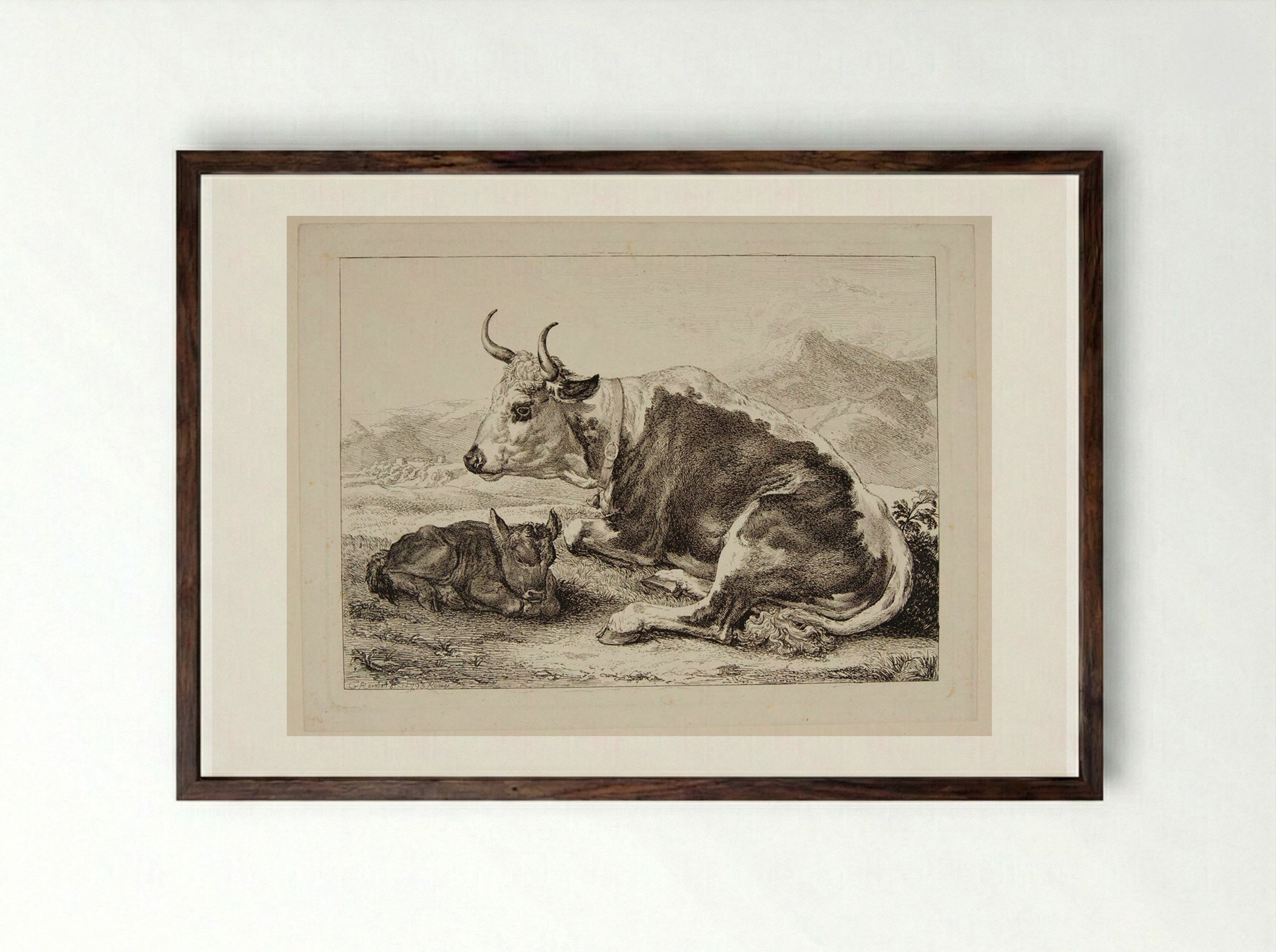 Ox and Calf - Johann Christian Reinhart - Framed Print Dark Wood
