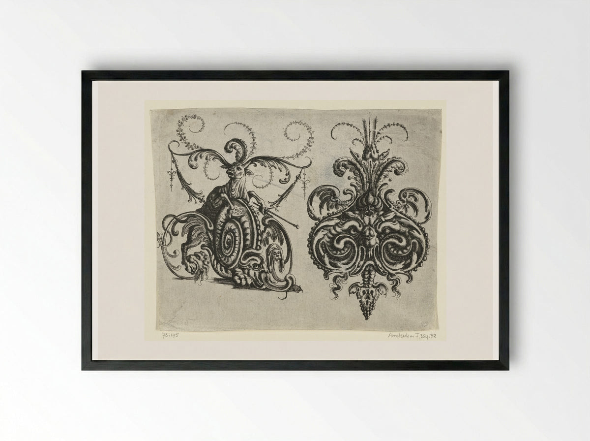 Ox with Foliate Horns and a Mascaron - Christoph Jamnitzer - Framed Print Black