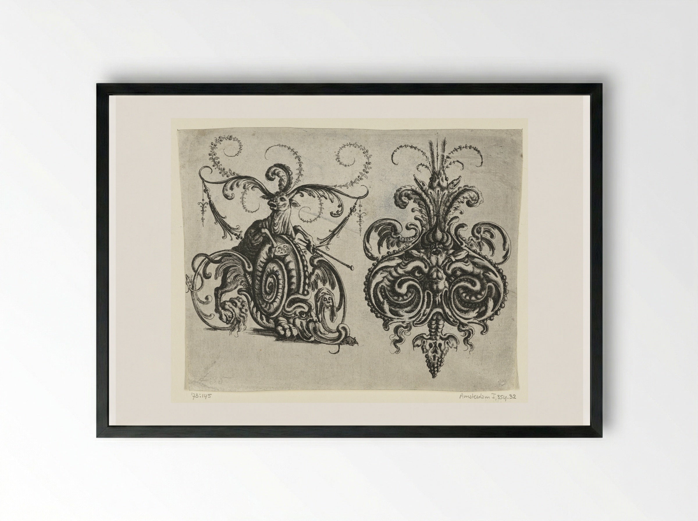 Ox with Foliate Horns and a Mascaron - Christoph Jamnitzer - Framed Print Black