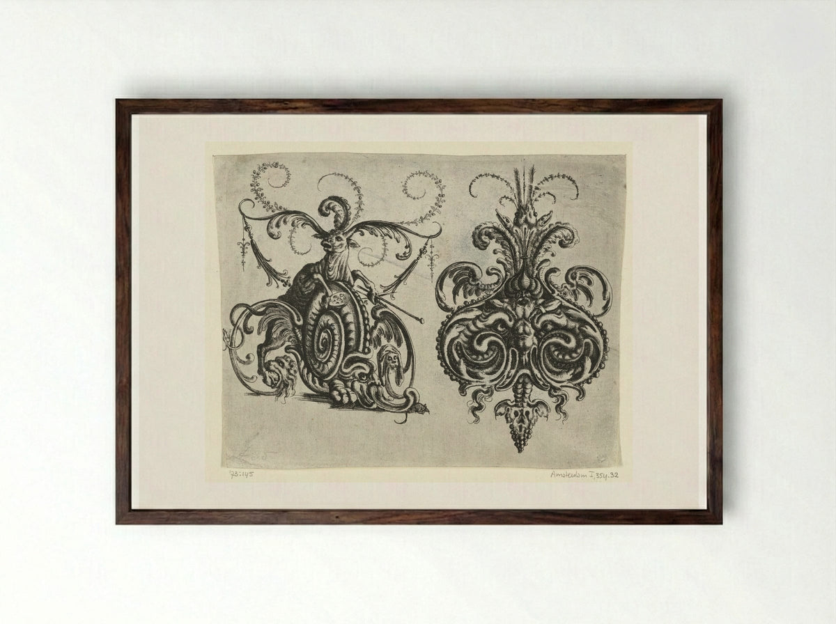 Ox with Foliate Horns and a Mascaron - Christoph Jamnitzer - Framed Print Dark Wood