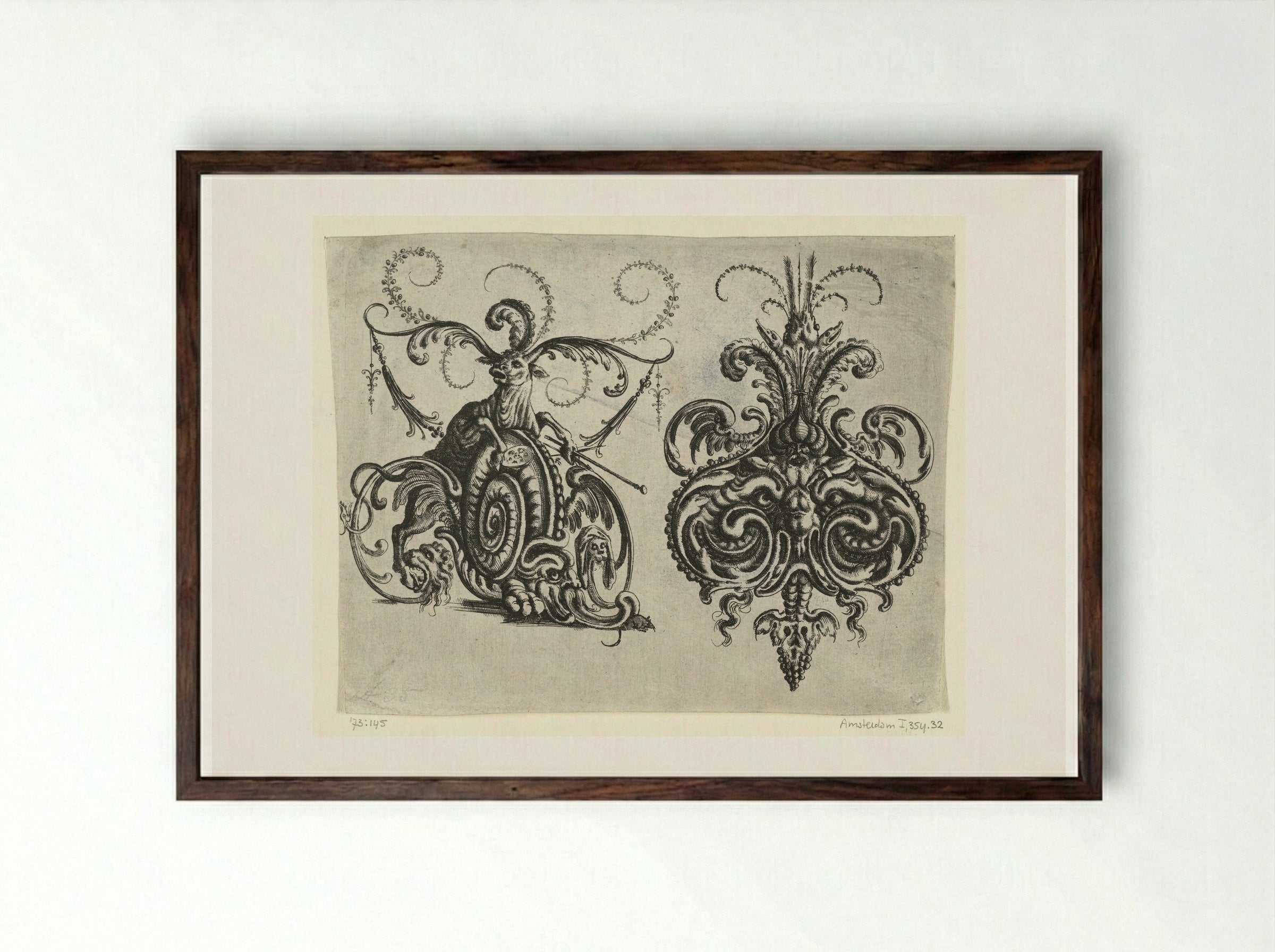 Ox with Foliate Horns and a Mascaron - Christoph Jamnitzer - Framed Print Dark Wood