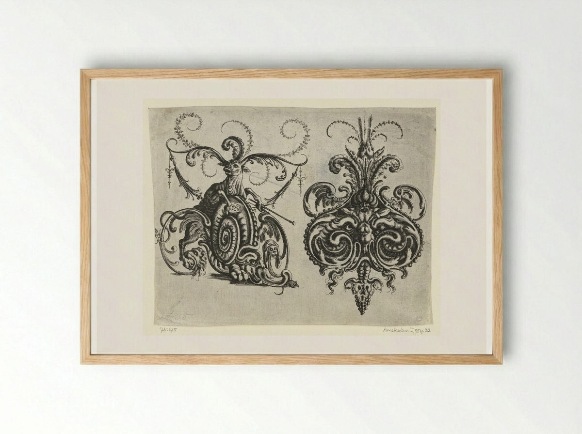 Ox with Foliate Horns and a Mascaron - Christoph Jamnitzer - Framed Print Wood