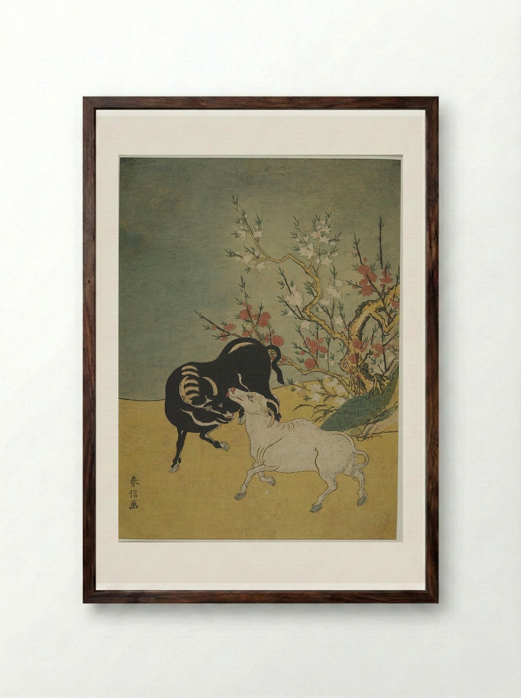 Oxen and Plum Trees - Suzuki Harunobu - Framed Print Dark Wood