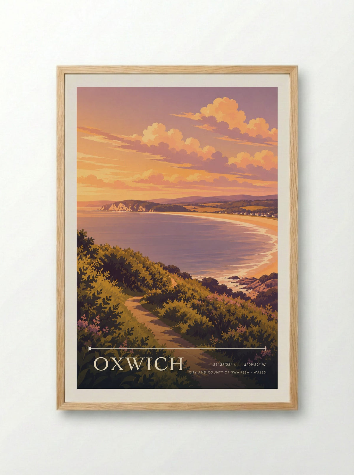 Oxwich, City and County of Swansea | Travel Poster - Framed Print Wood