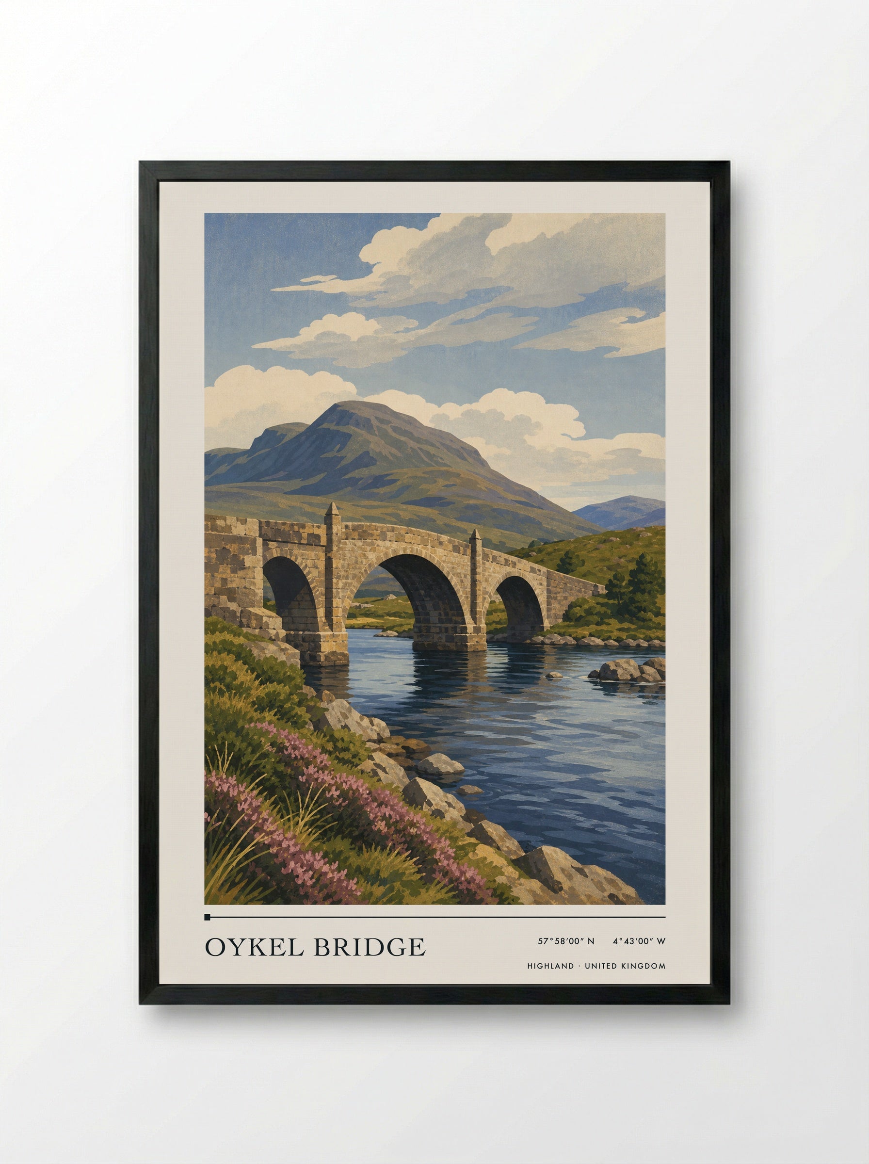 Oykel Bridge Highland United Kingdom Travel Poster - Framed Print Black