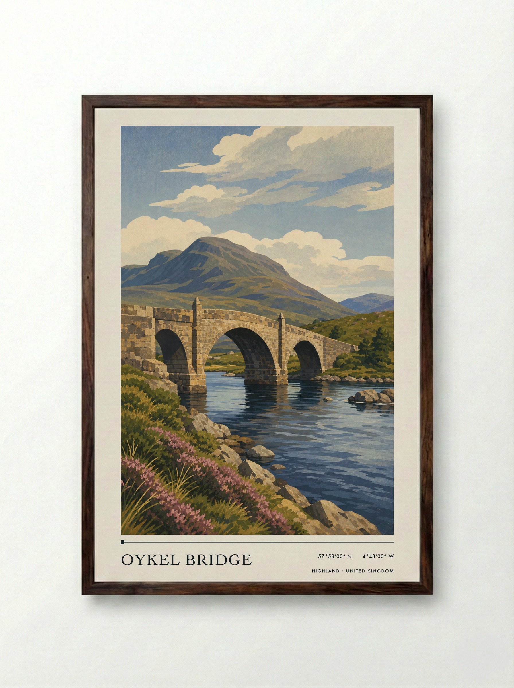 Oykel Bridge Highland United Kingdom Travel Poster - Framed Print Dark Wood