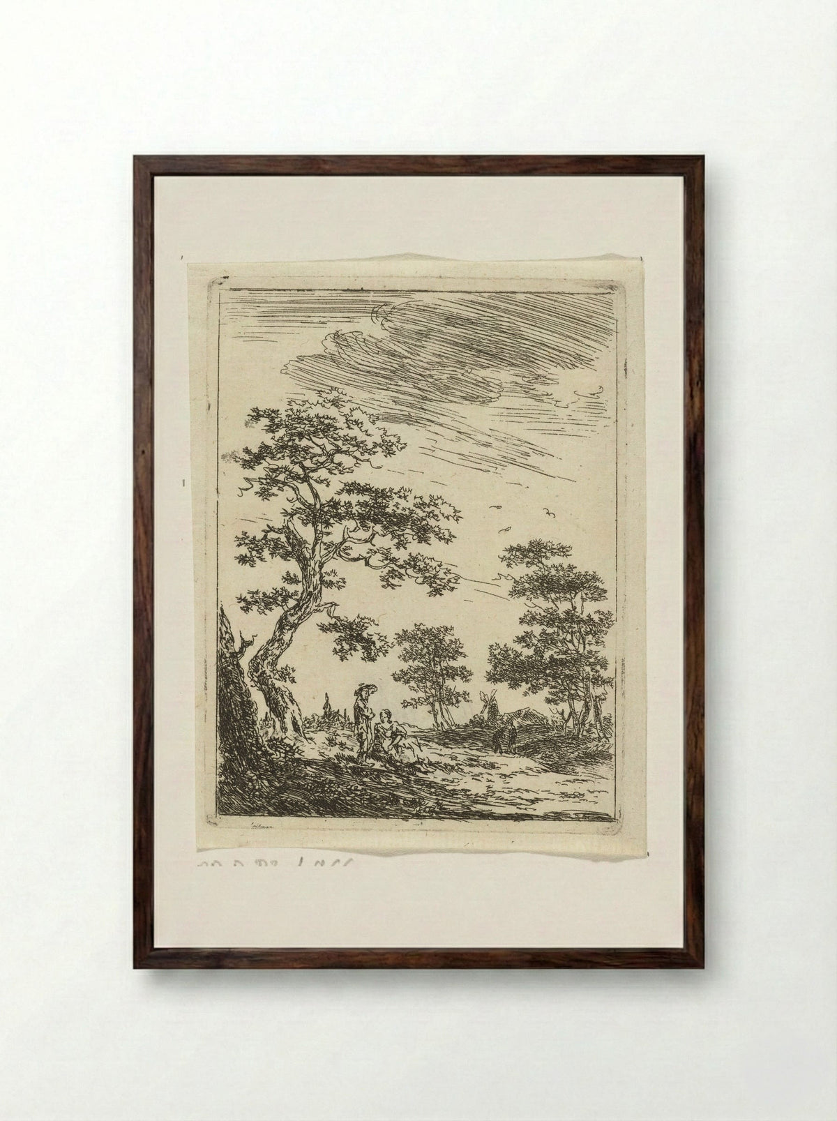 Paar onder boom in landschap - Hermanus van Brussel - Framed Print Dark Wood