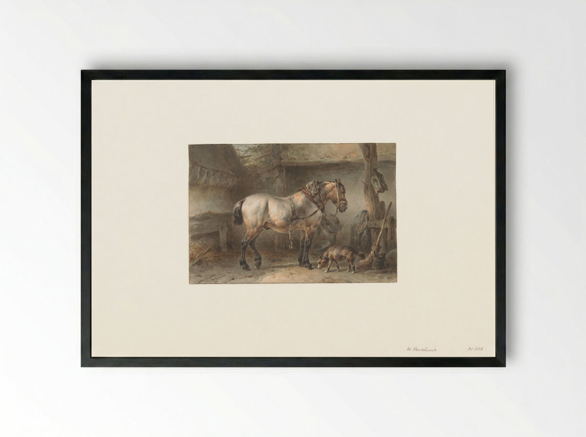 Paard en hond in een stal - Wouter Verschuur - Framed Print Black